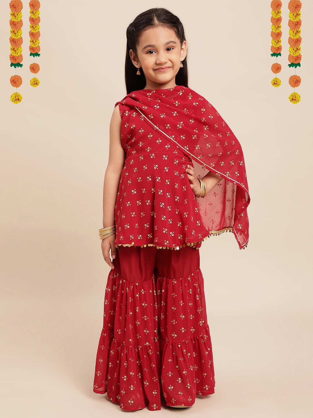 Maroon & Gold Foil Print Girls Peplum style Sharara Set With Dupatta