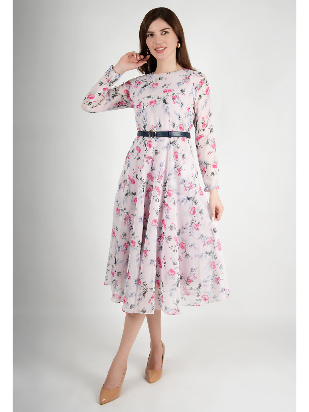 Exude Sunshine A-Line Georgette Dress with Belt