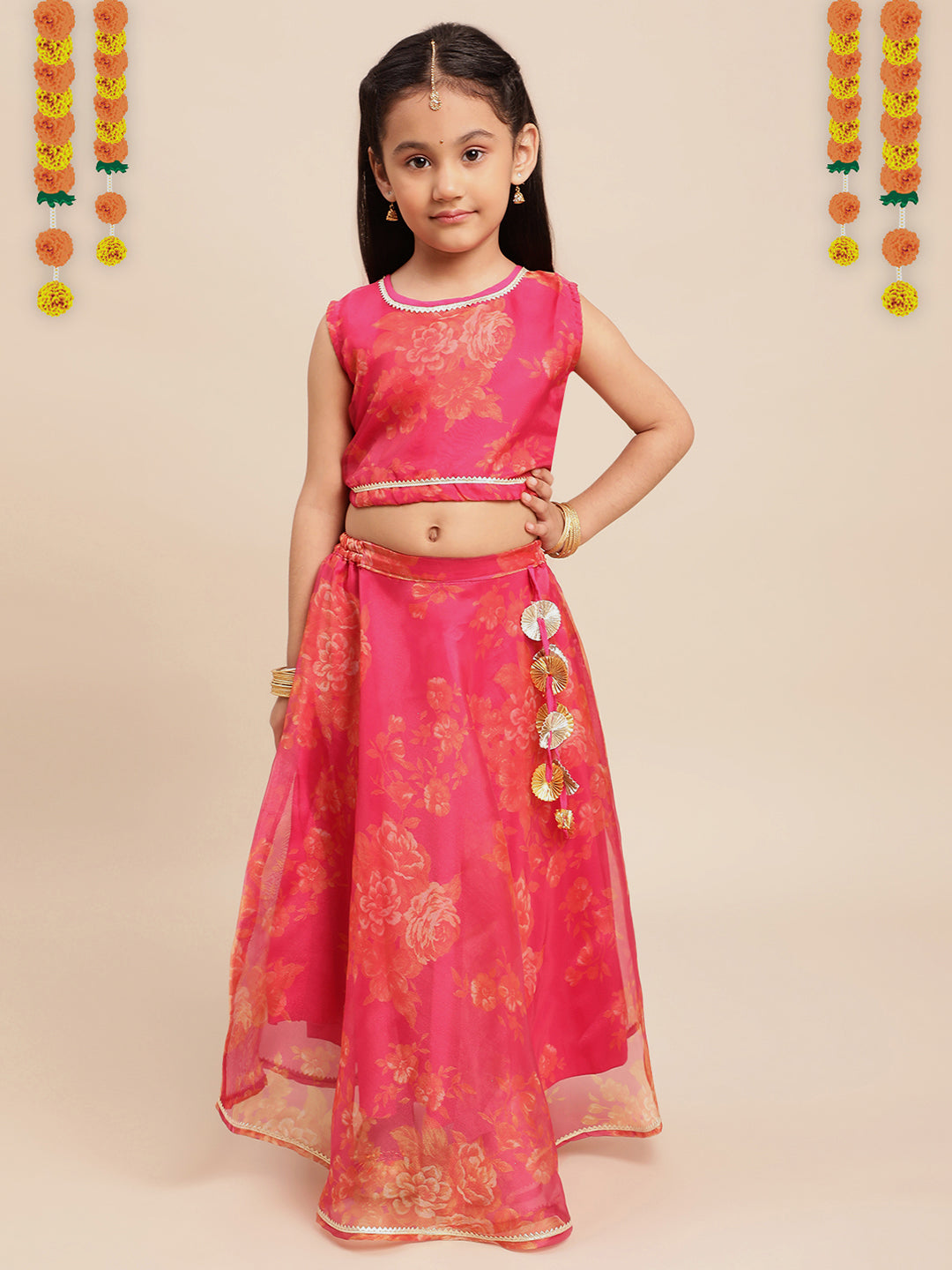 Pink Organza Digital Print Girls Lehenga Choli