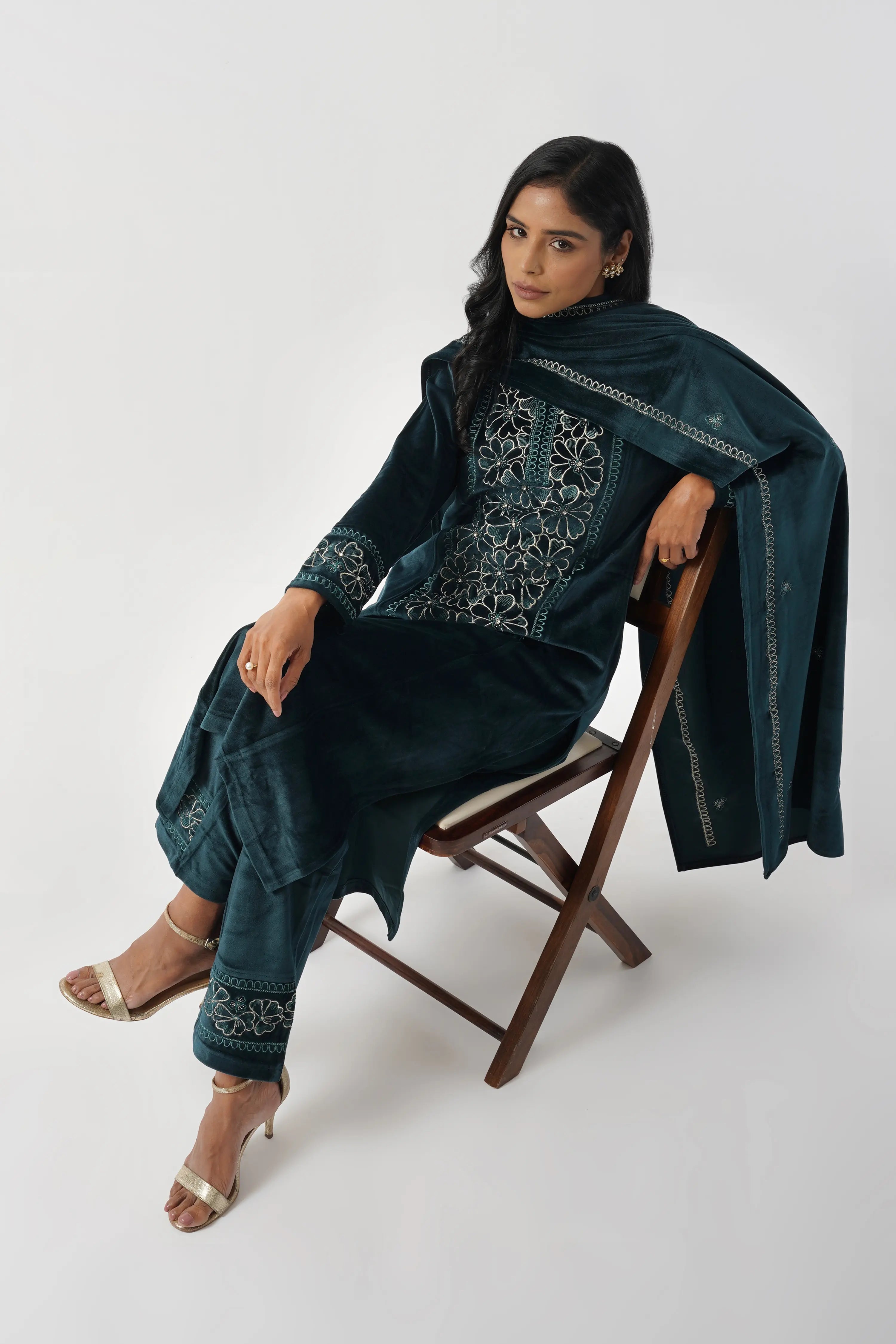 Peacock Green Flower Plush Velvet Hand Embroidered Kurta Set