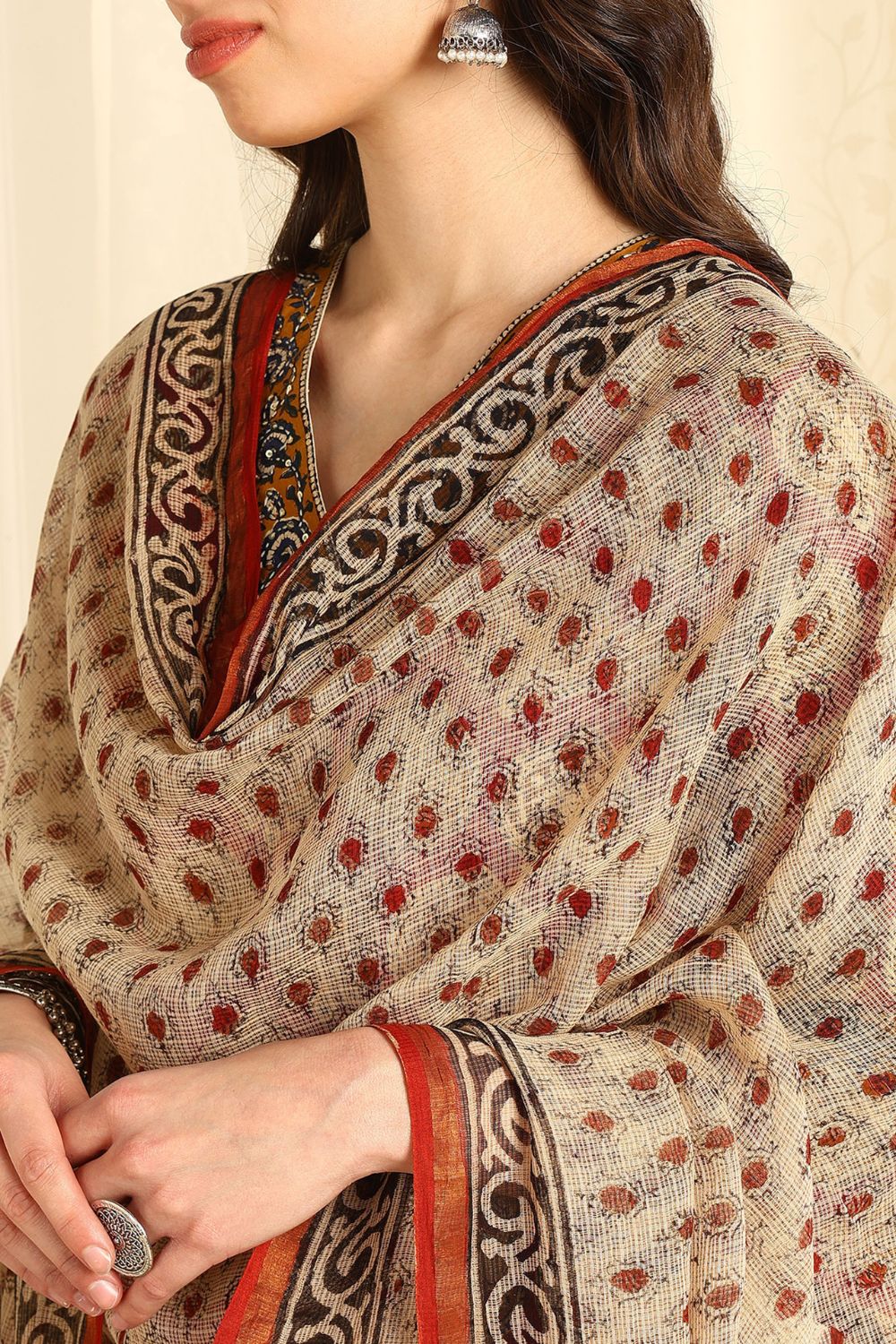 Maroon-Cream Bagru Kota Doria Dupatta