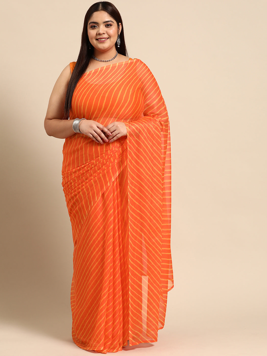 Orange and Yellow Plus Size Leheriya Poly Chiffon Saree