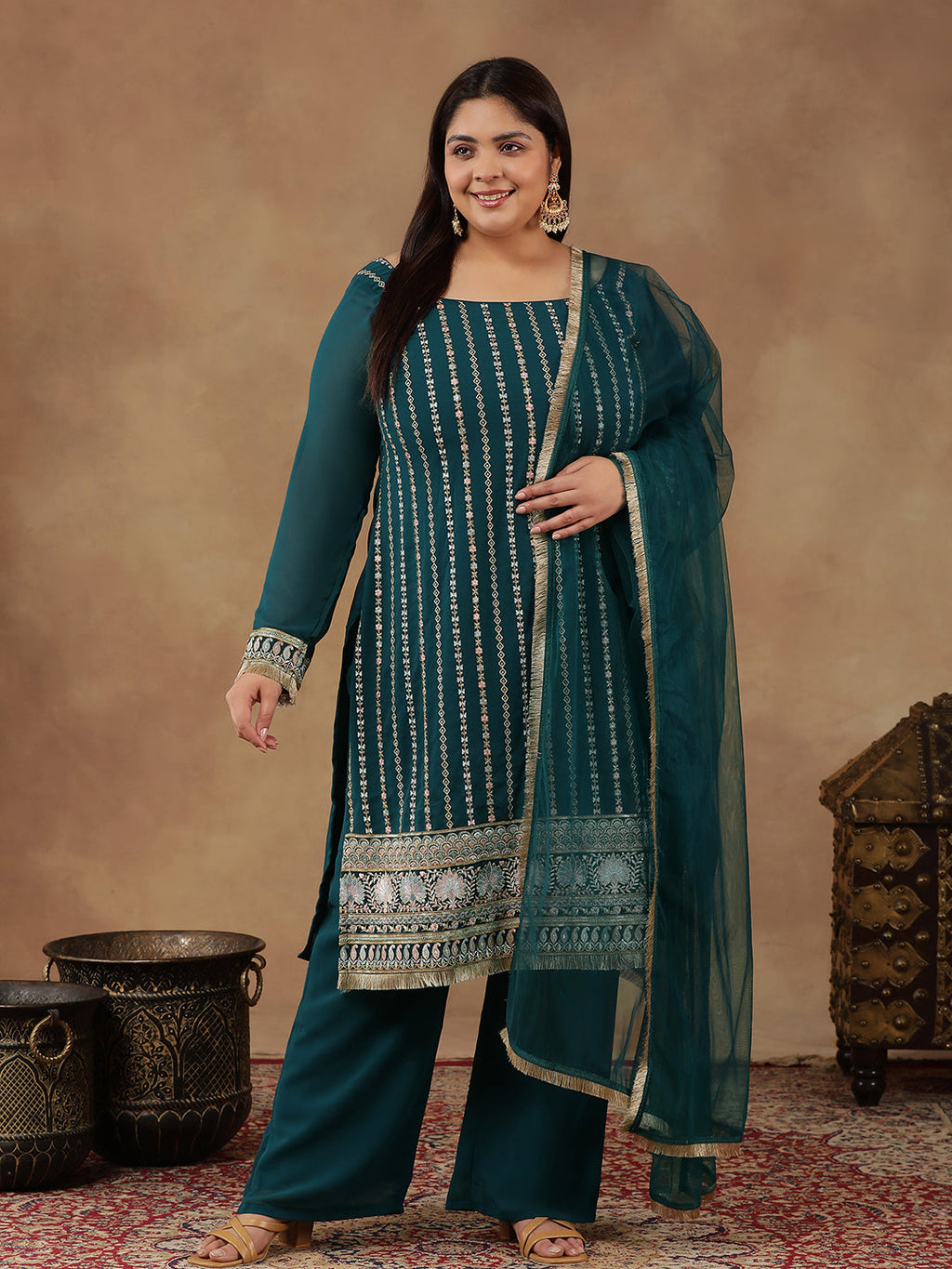Women Ethnic Motifs Embroidered Regular Thread Work Kurta with Palazzos & With Dupatta - ID
