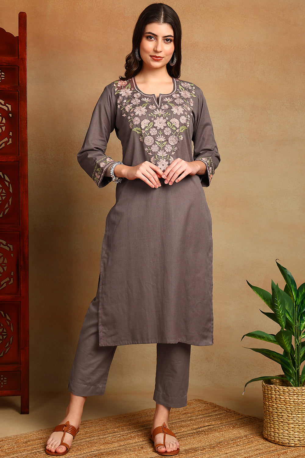 Brown Embroidered Flax Linen Kurta