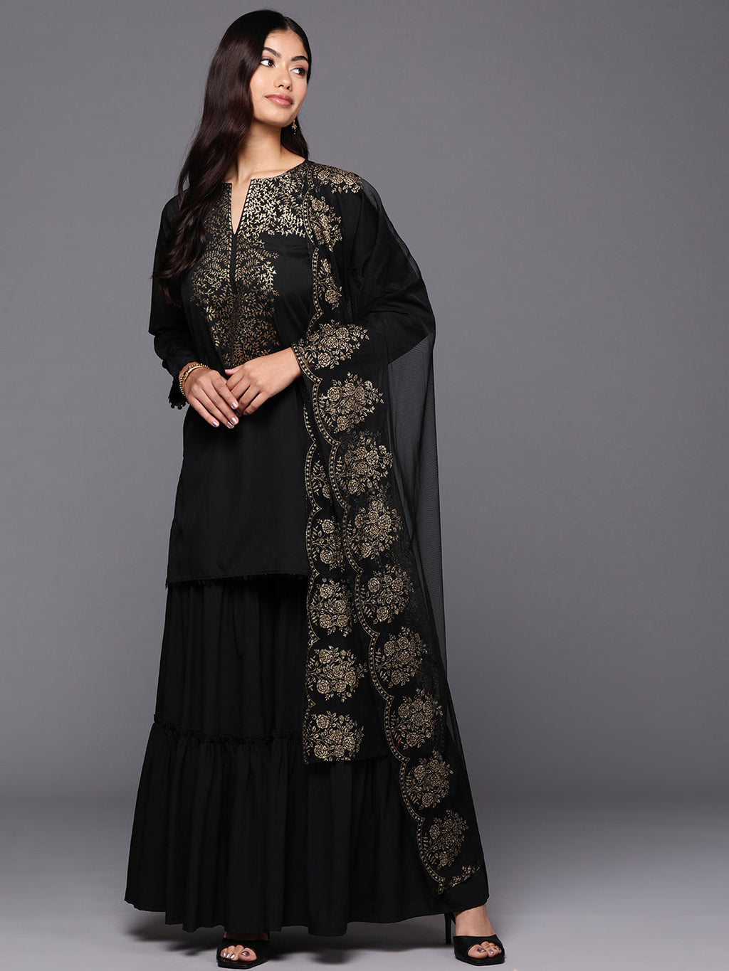 Women's Black Floral Printed Sharara set with Dupatta-AH