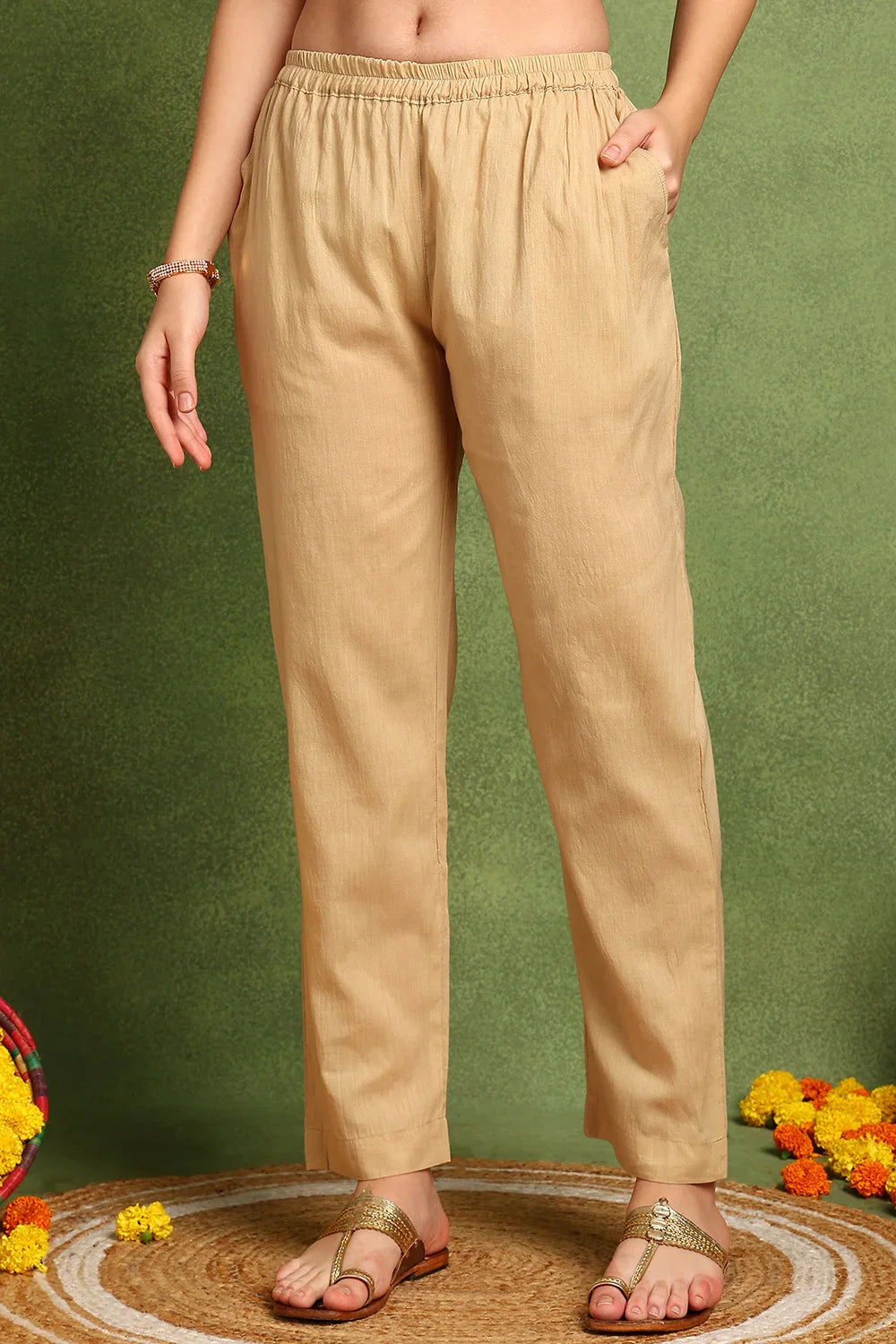 Beige Cotton Silk Farsi Pants