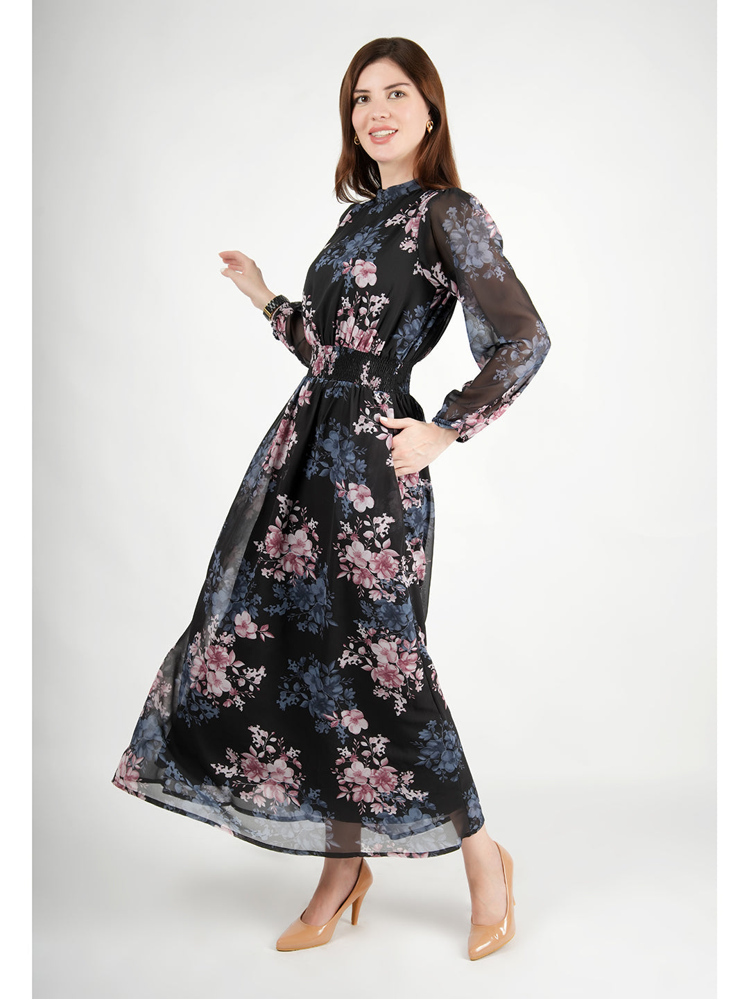 Exude Shimmer Black Floral Maxi Dress with Sleeves