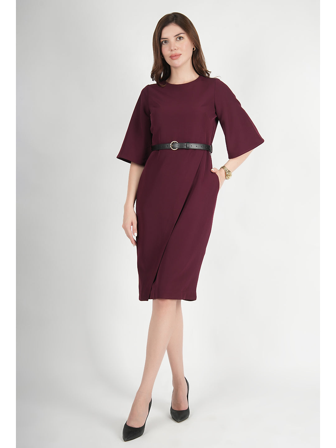 Exude Bliss Bell Sleeve Dress with Belt