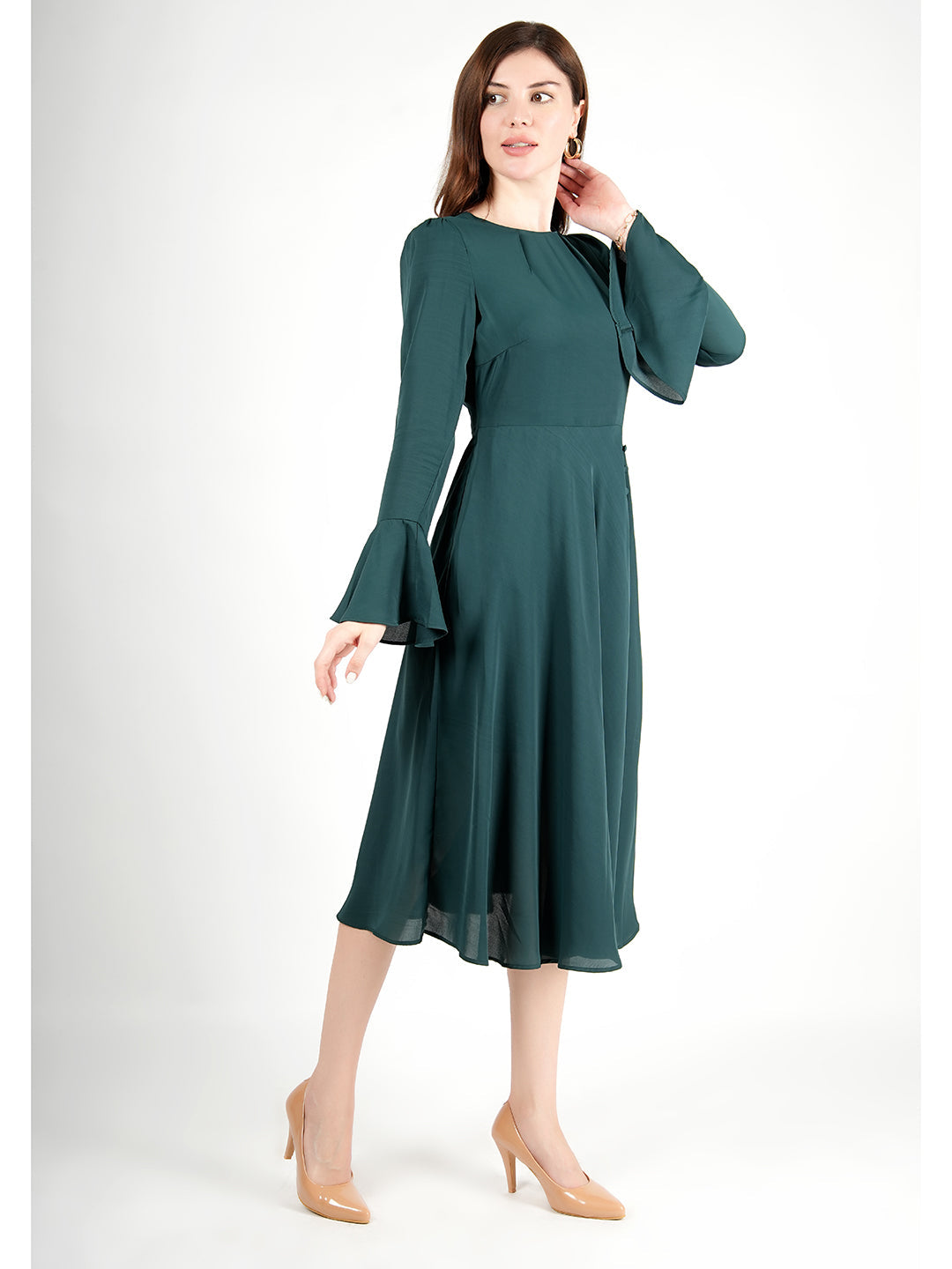 Exude Gleaming Fit & Flare Dress with Long Sleeves