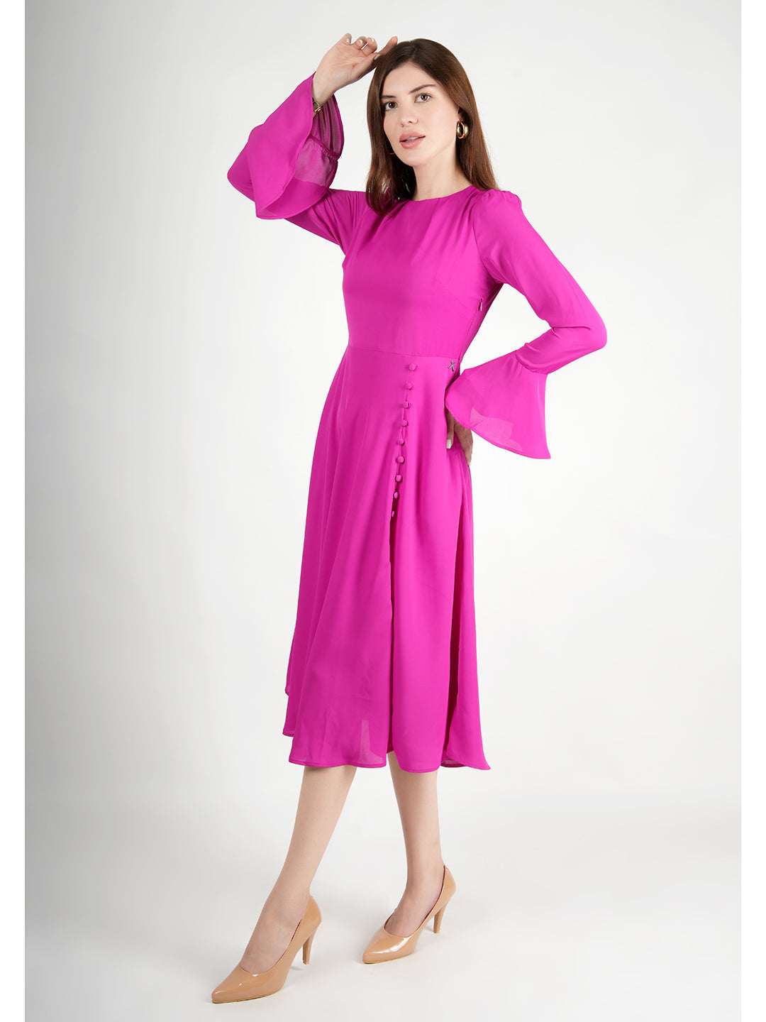 Exude Gleaming Fit & Flare Dress with Long Sleeves