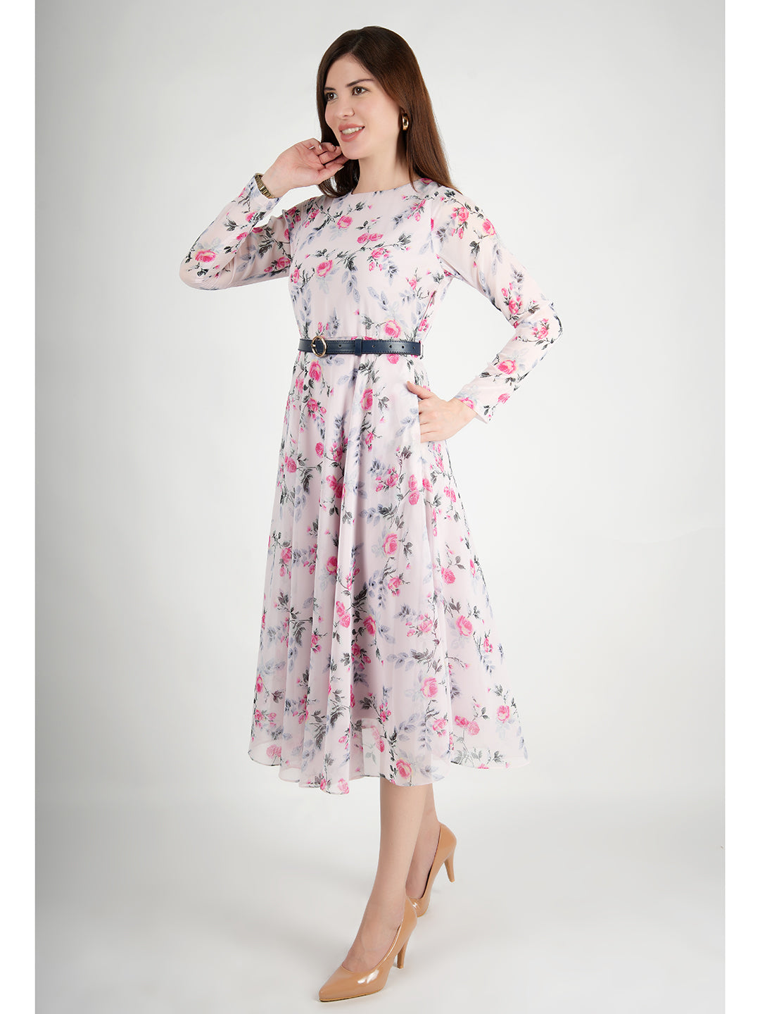 Exude Sunshine A-Line Georgette Dress with Belt