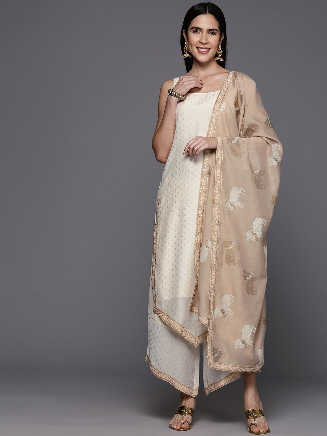 Off White Printed Chanderi Silk Kurta with Palazzos & Printed Dupatta