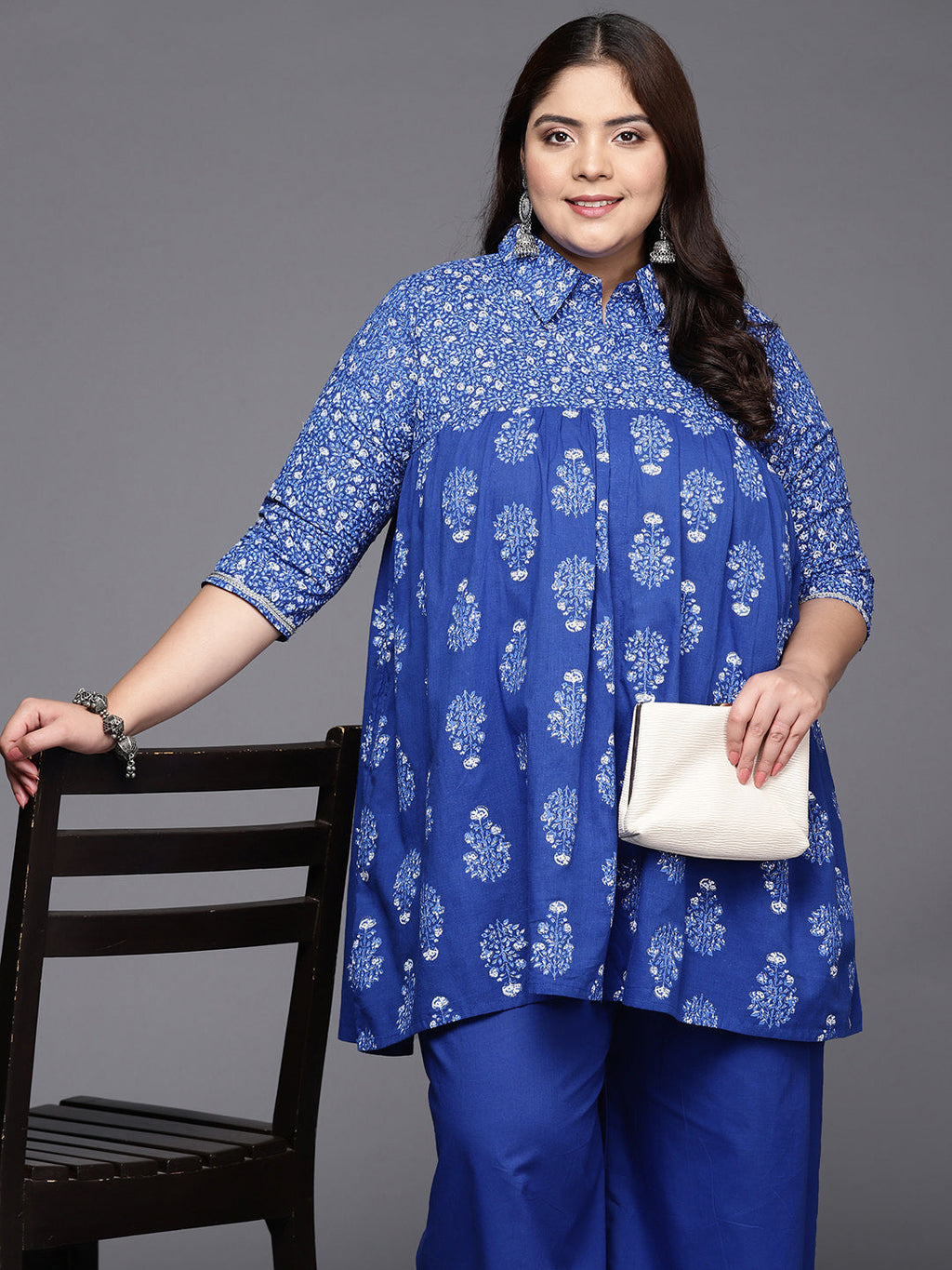 Blue Printed Plus Size Pure Cotton Tunic with Palazzos-AH