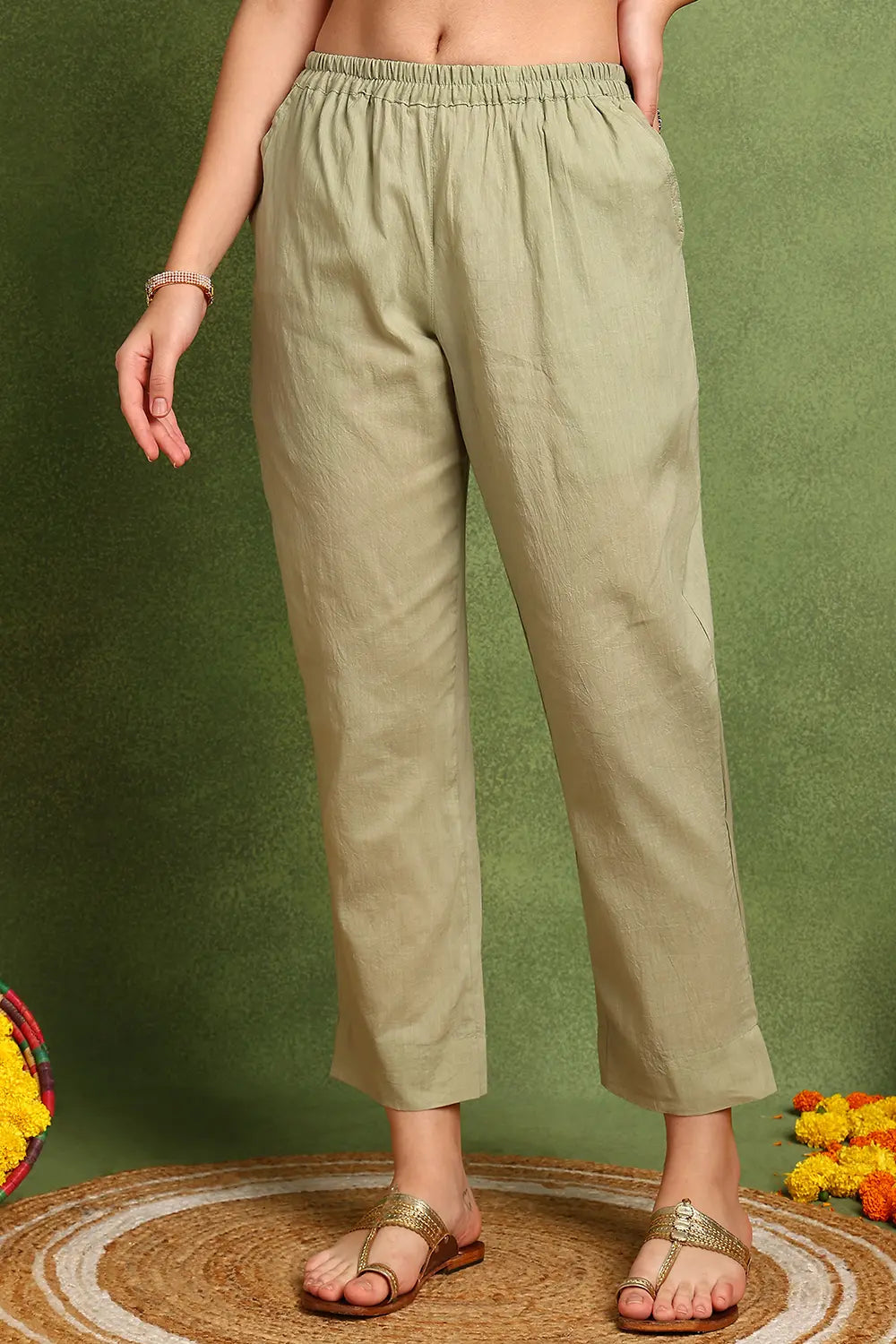 Green Cotton Silk Farsi Pants