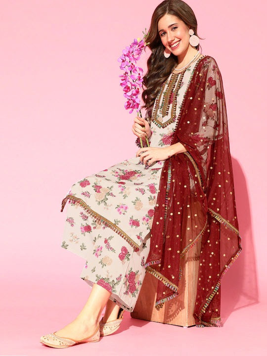 Beige Floral Printed Regular Gotta Patti Kurta with Palazzos & With Dupatta
