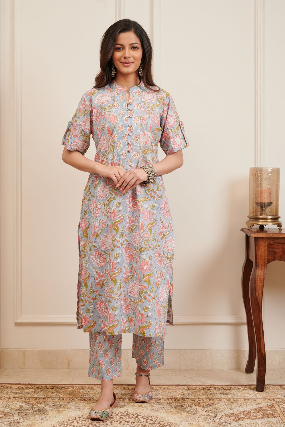 Grey / Pink Hand Block Printed Half Sleeves Kurta