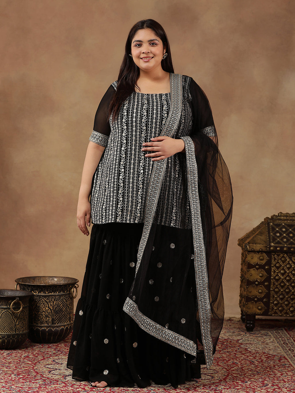 Plus Size Floral Embroidered Thread Work Straight Kurta With Sharara & Dupatta - ID