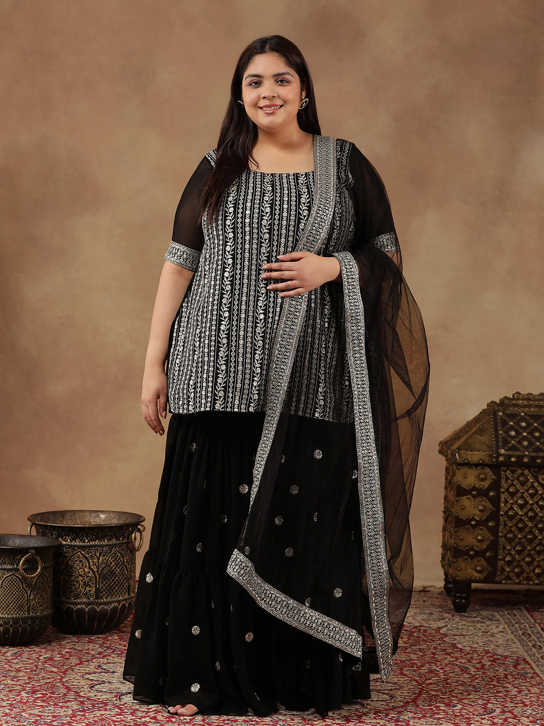 Plus Size Floral Embroidered Thread Work Straight Kurta With Sharara & Dupatta - ID