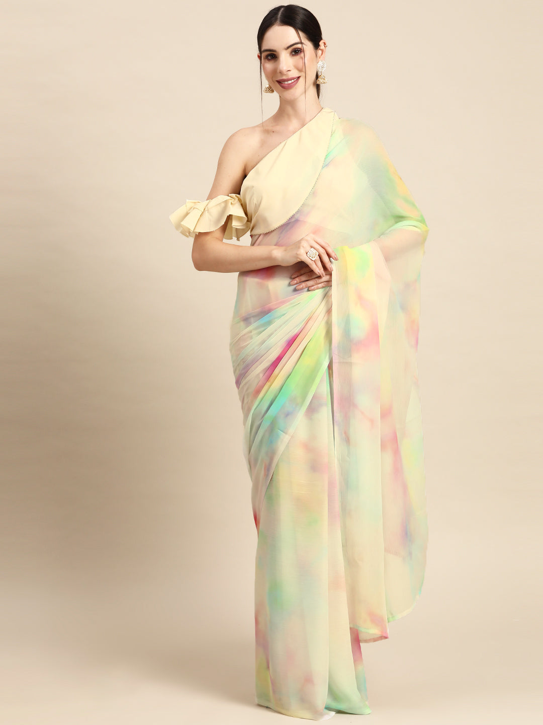 Beige Abstract Digital Printed Chiffon Saree