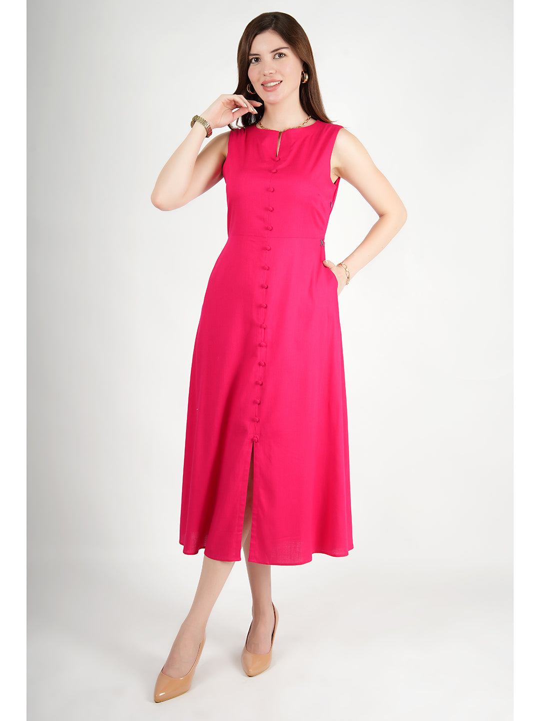 Exude Glowing Front Button Dress With Pockets