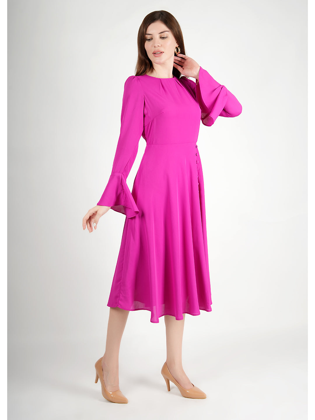 Exude Gleaming Fit & Flare Dress with Long Sleeves