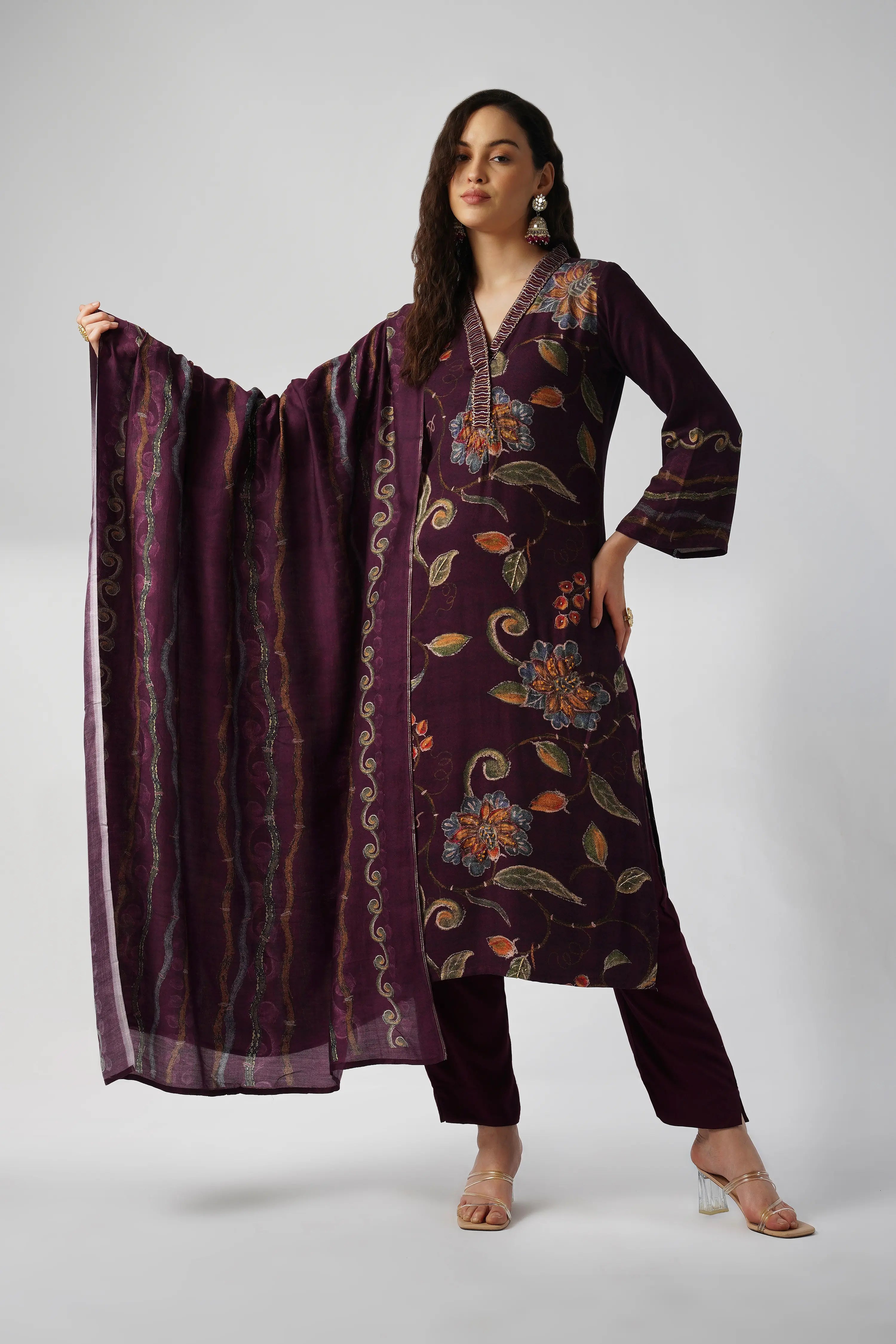 Deep Purple Pure Pashmina Wool Designer Kurta Set with Embroidery