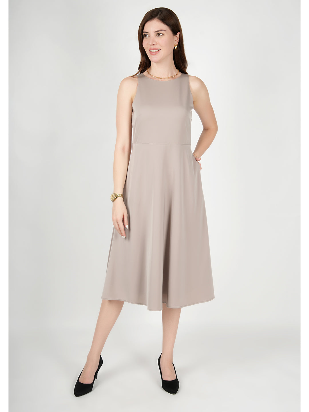 Exude Golden Glow Satin Dress with Pockets