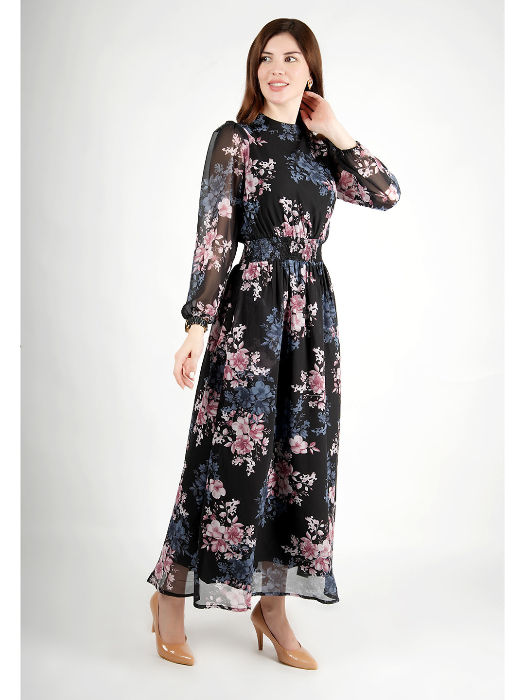 Exude Shimmer Black Floral Maxi Dress with Sleeves