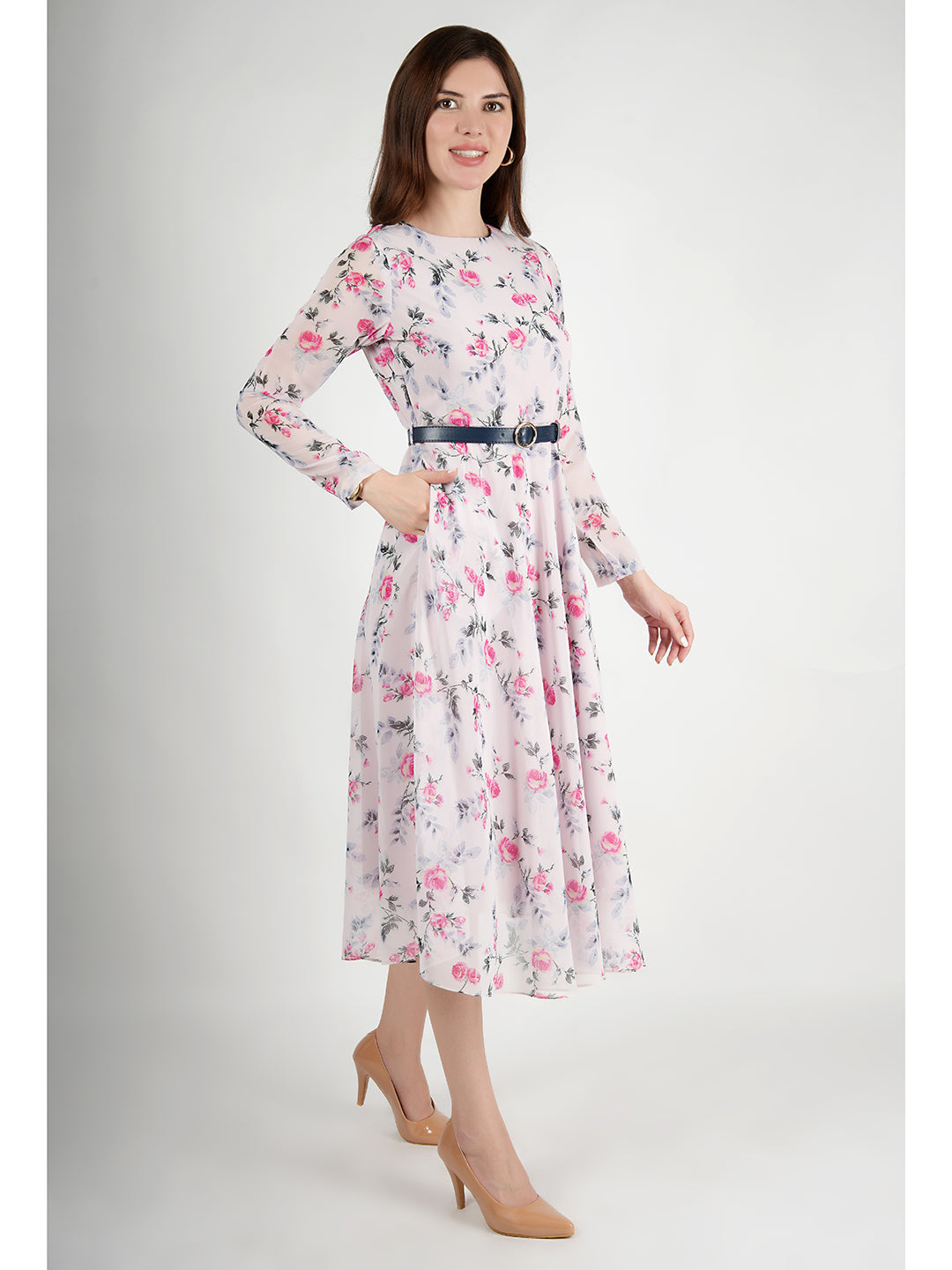 Exude Sunshine A-Line Georgette Dress with Belt