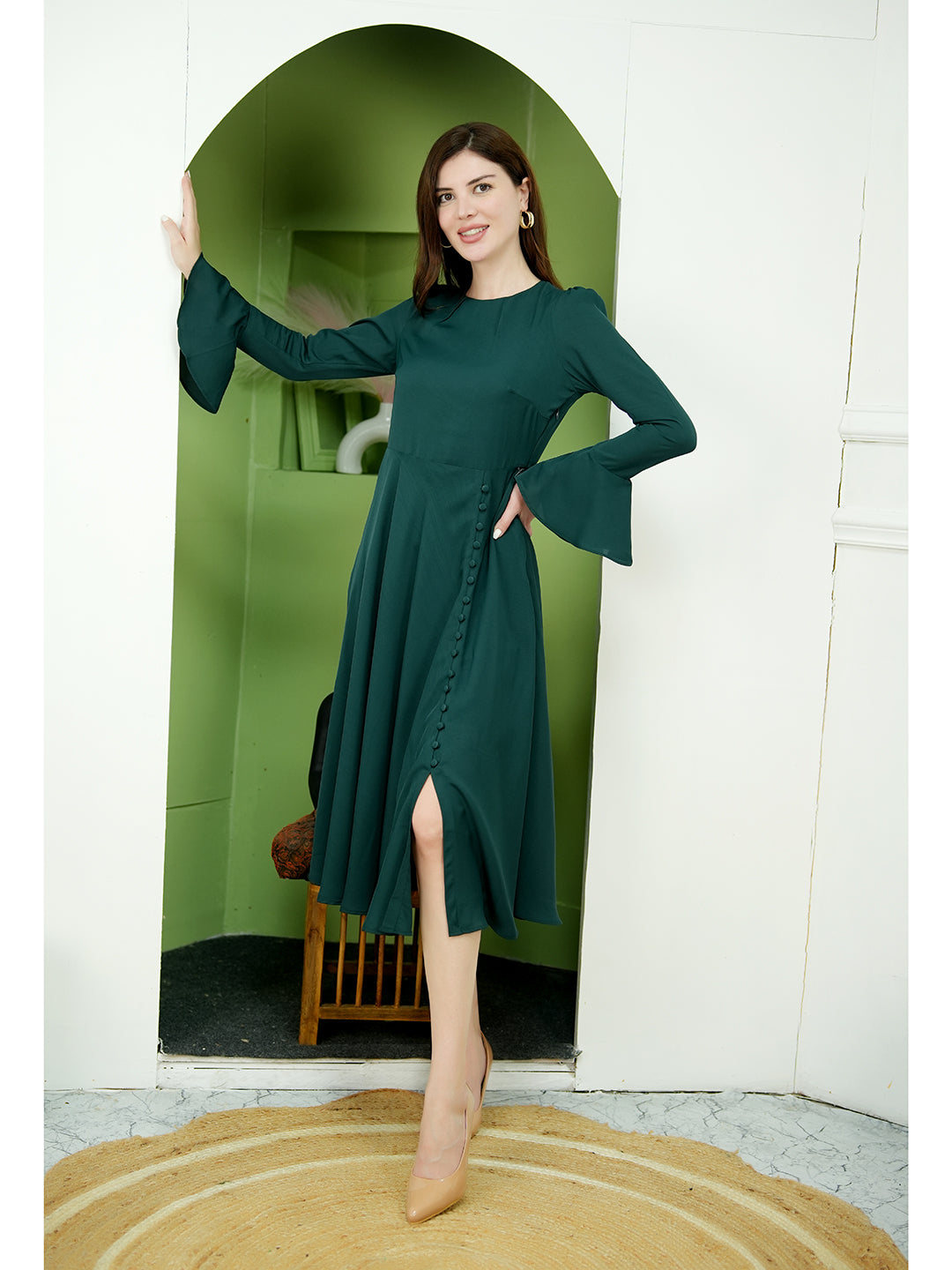 Exude Gleaming Fit & Flare Dress with Long Sleeves