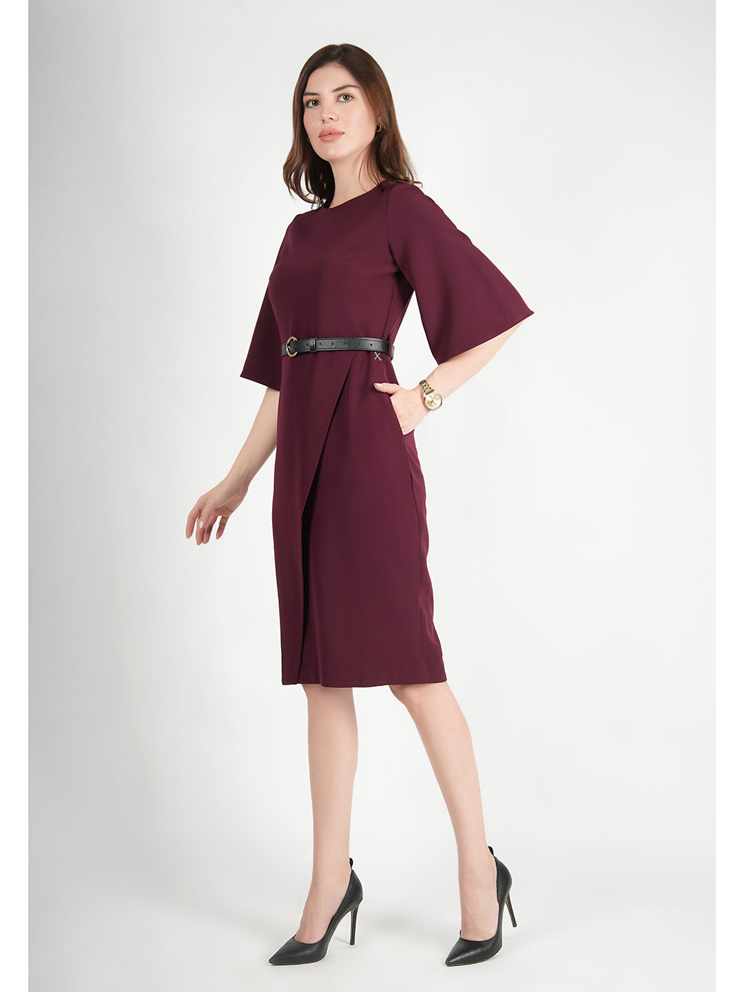 Exude Bliss Bell Sleeve Dress with Belt