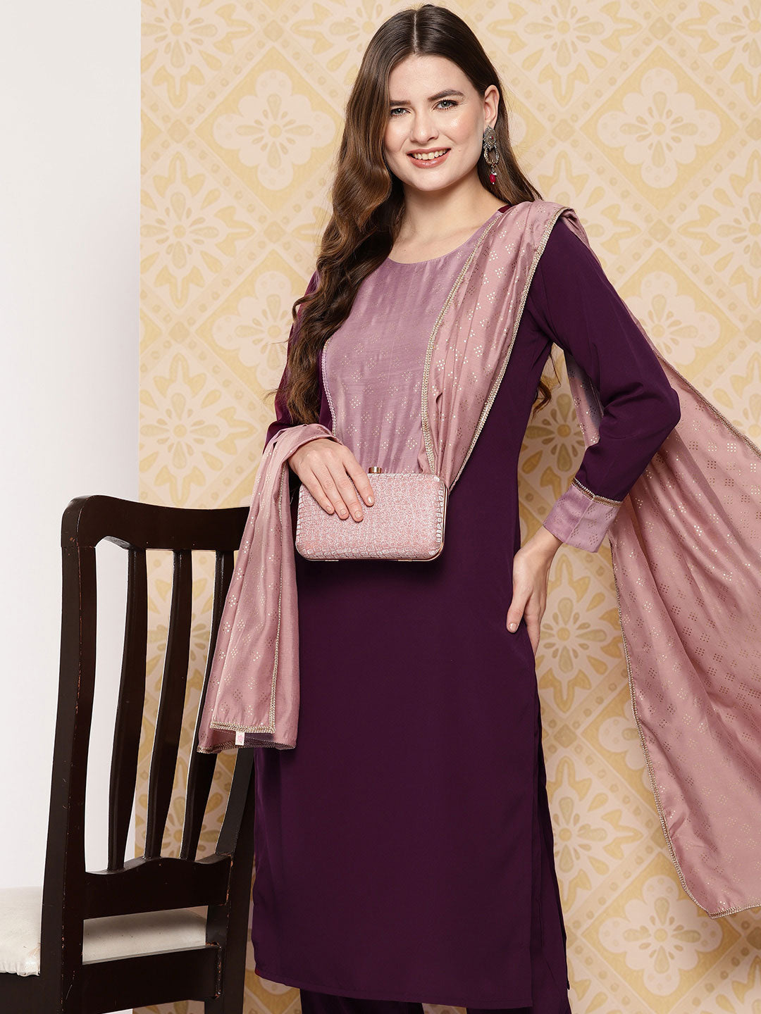 Burgundy Yoke Design Kurta with Trousers & With Dupatta