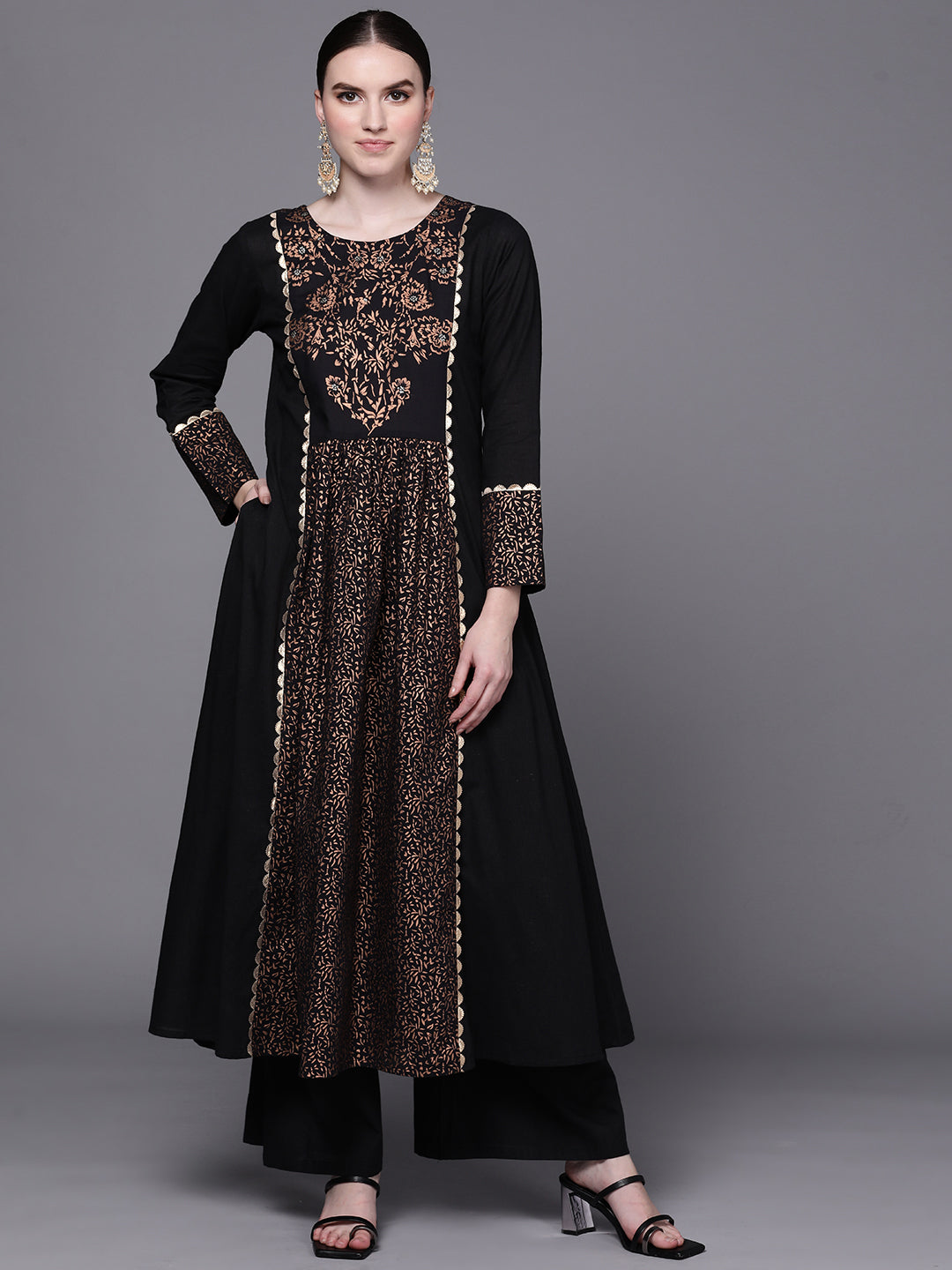 Black Floral Printed Pure Cotton Kurta with Palazzos