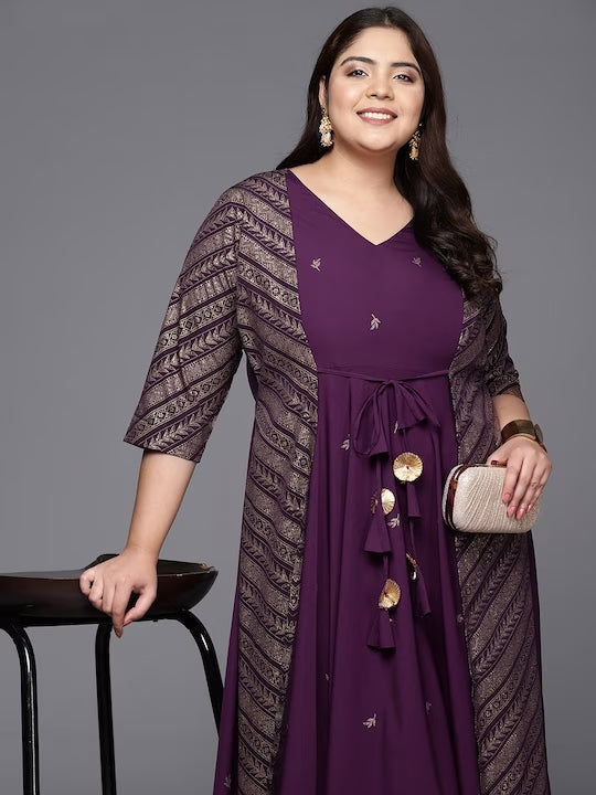 Burgandy & Gold Printed Plus Size Maxi Ethnic Dress