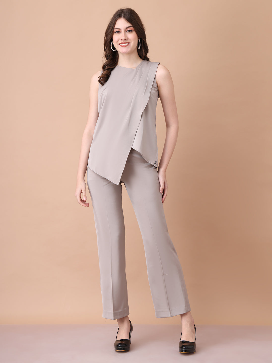 Exude Unbreakable Soft Matt Satin Overlay Sleeveless Top Paired With Straight Fit Trousers