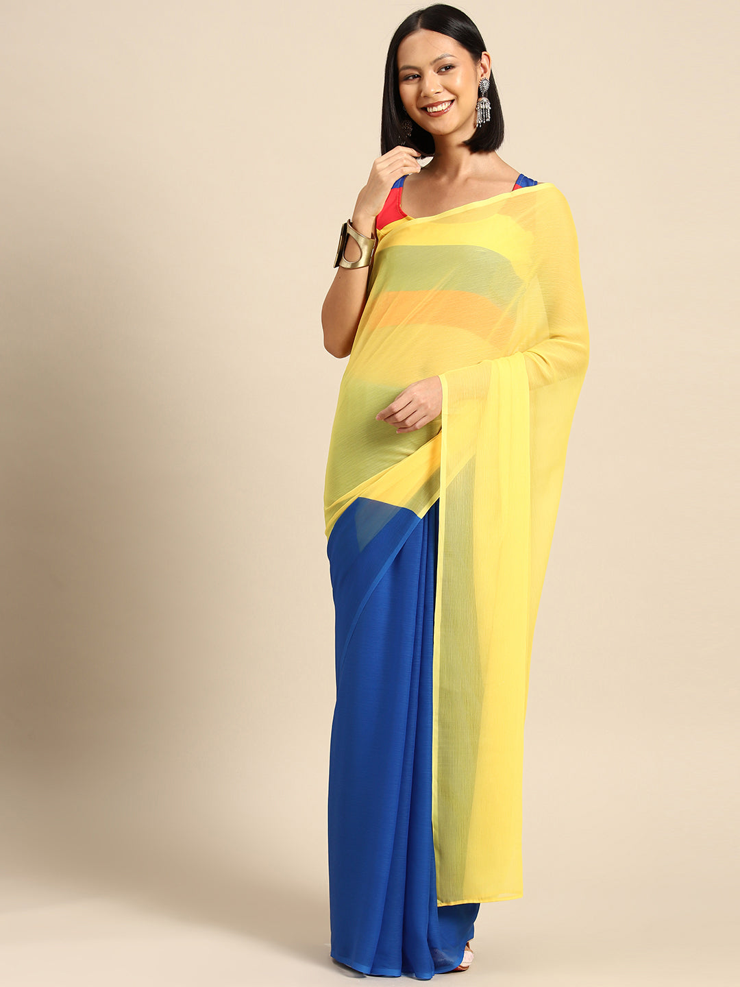 Yellow & Blue Colourblocked Poly Chiffon Half and Half Saree