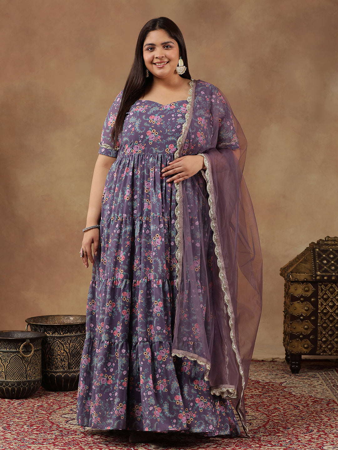 Plus Size Floral Printed Sweetheart Neck Tiered Anarkali Kurta With Dupatta - ID