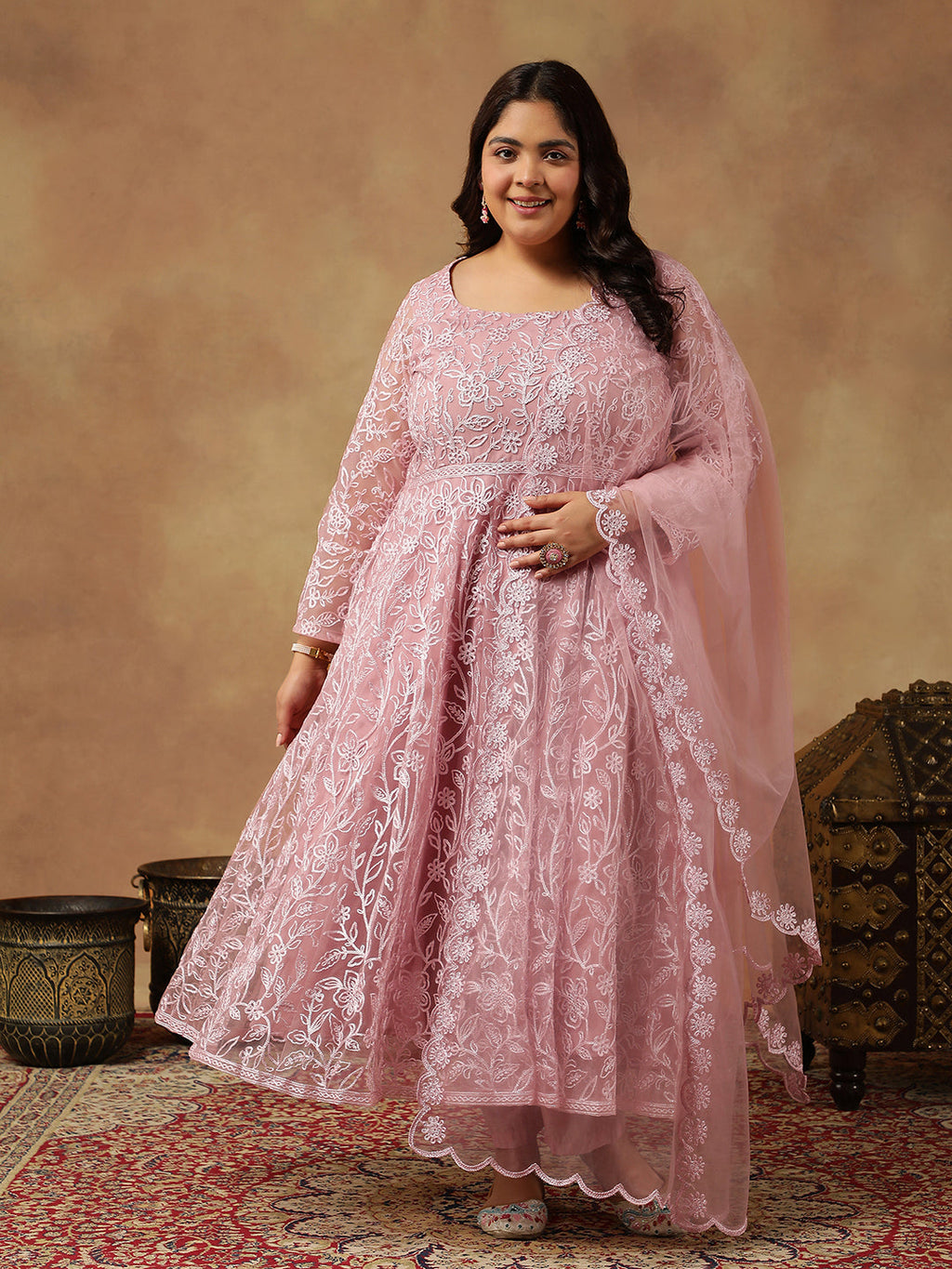Floral Embroidered Regular Thread Work Anarkali Kurta With Trousers & Dupatta - ID