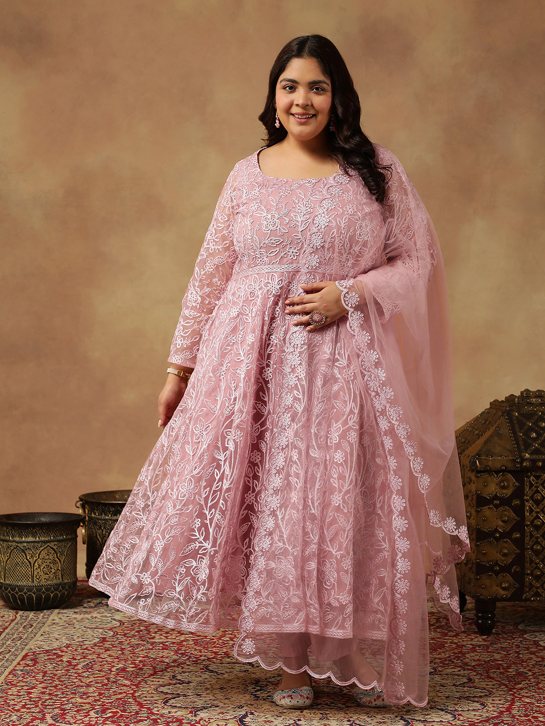 Floral Embroidered Regular Thread Work Anarkali Kurta With Trousers & Dupatta - ID