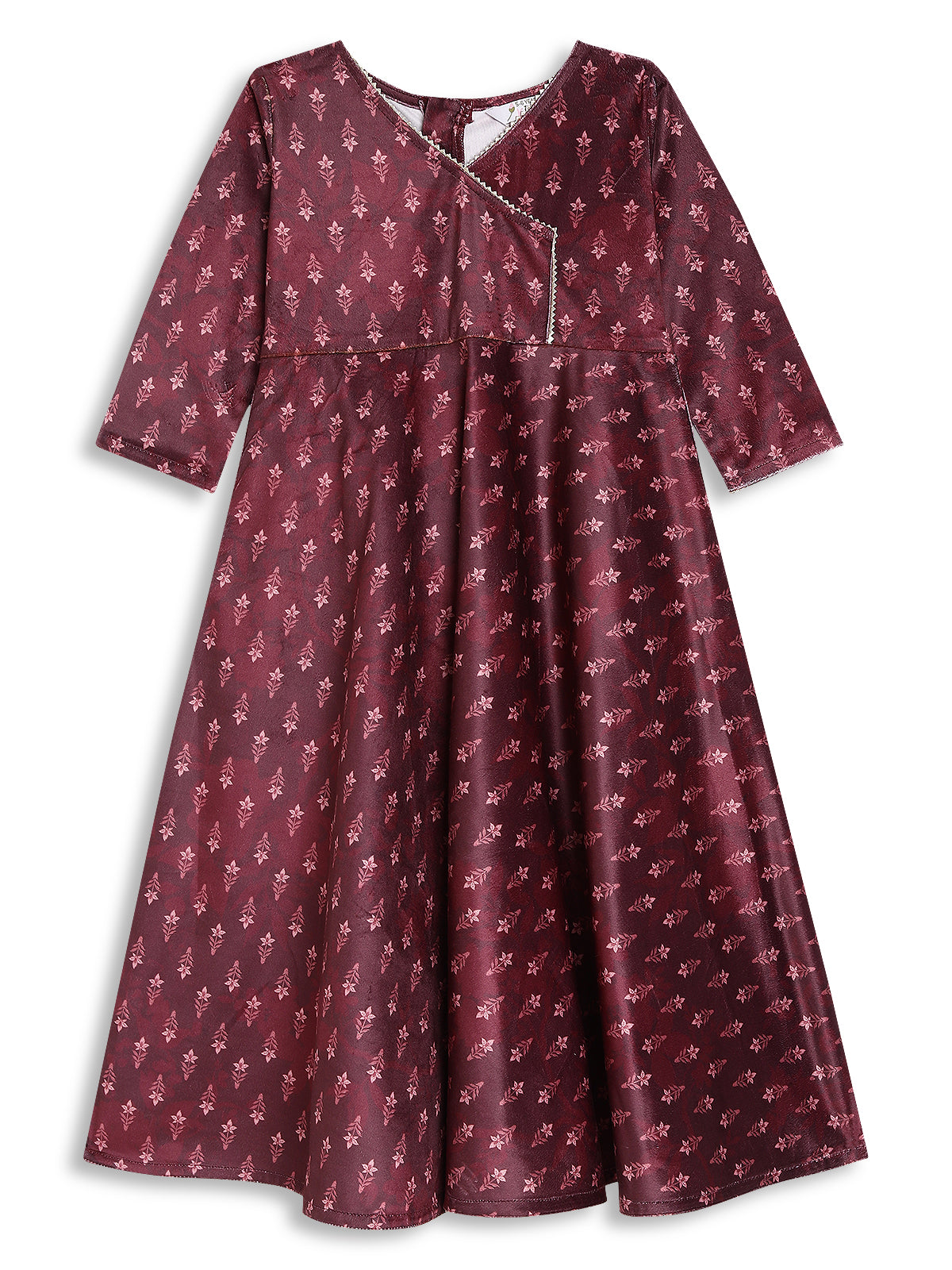 Burgundy Printed Velvet A-Line Girl's Maxi Ethnic Dresses