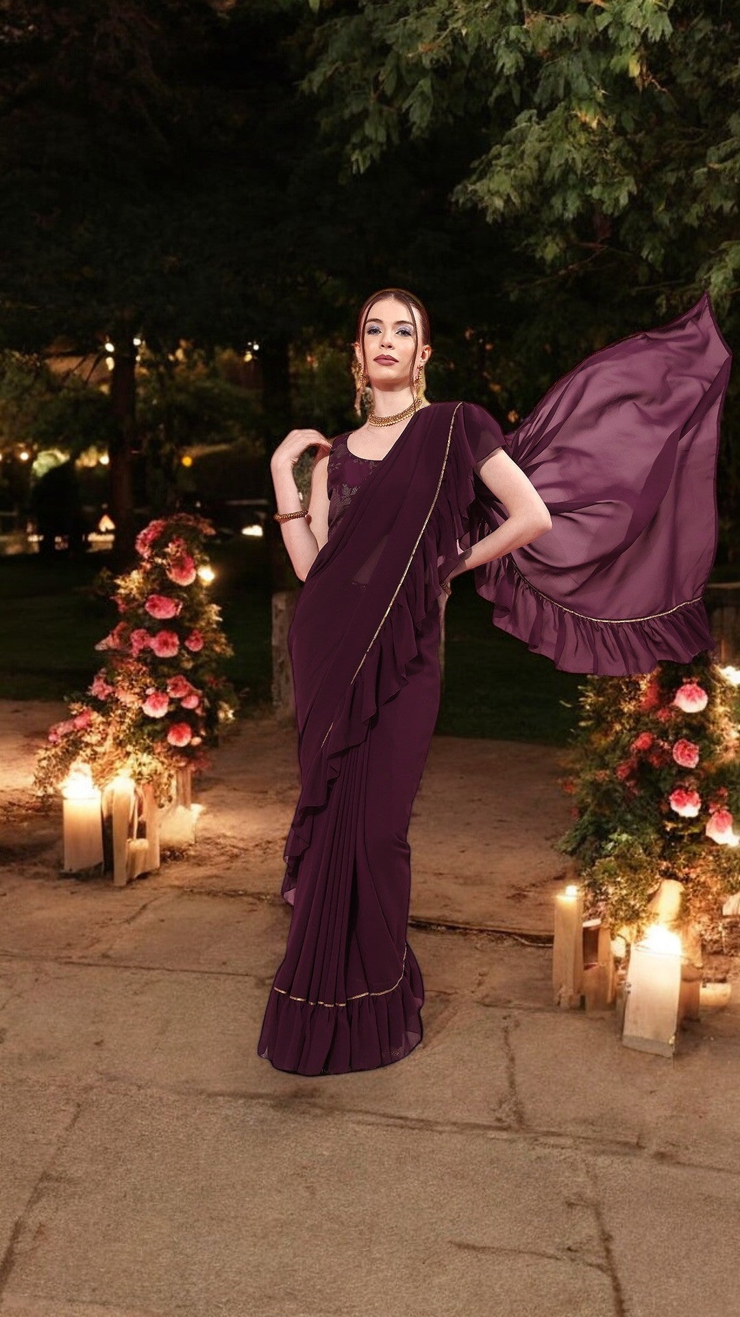 Burgundy Ruffled Poly Georgette Ready to Wear Saree