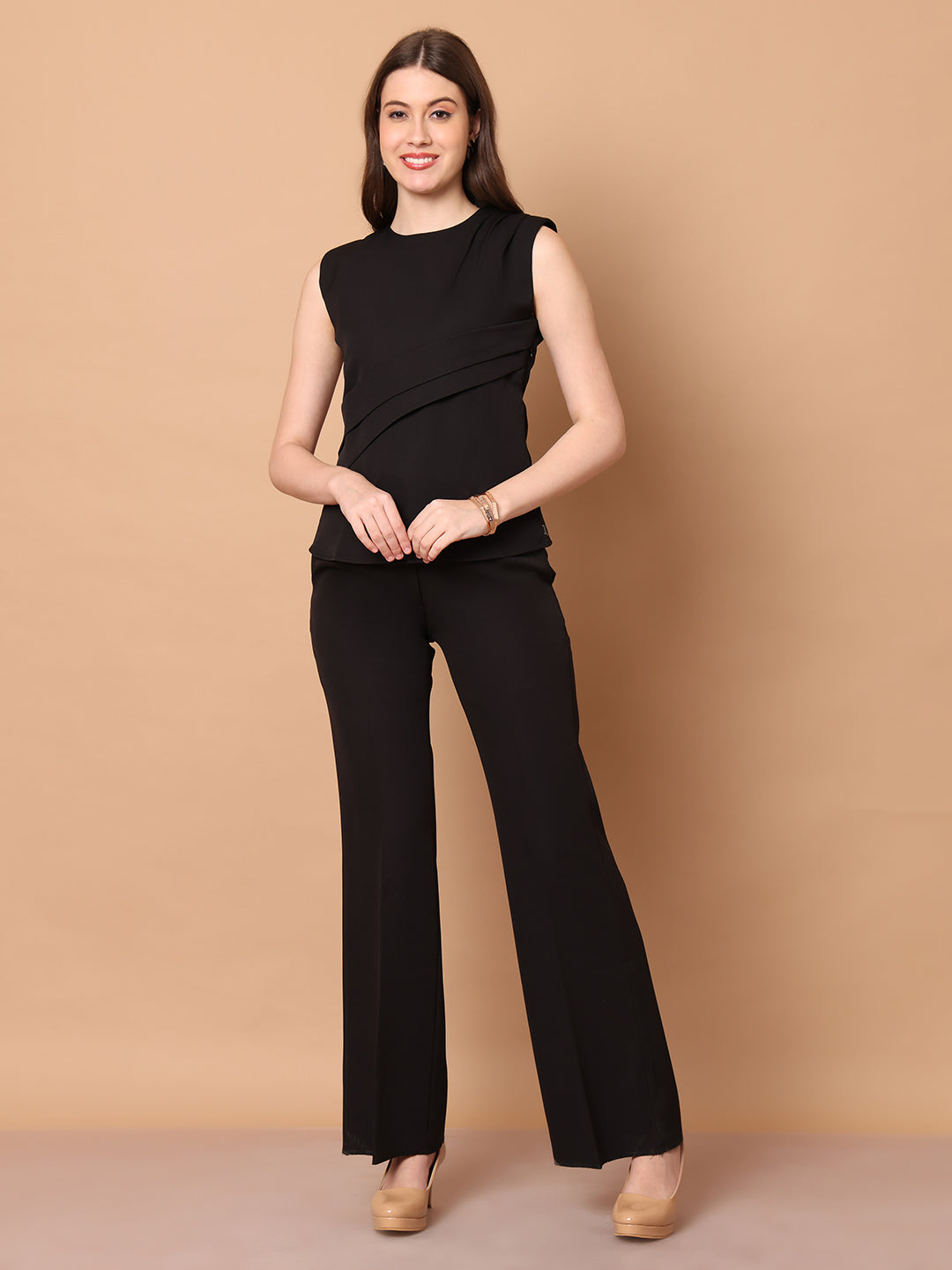 Exude Power in Motion Side and Shoulder Pleat Top Paired with Bootcut Trousers