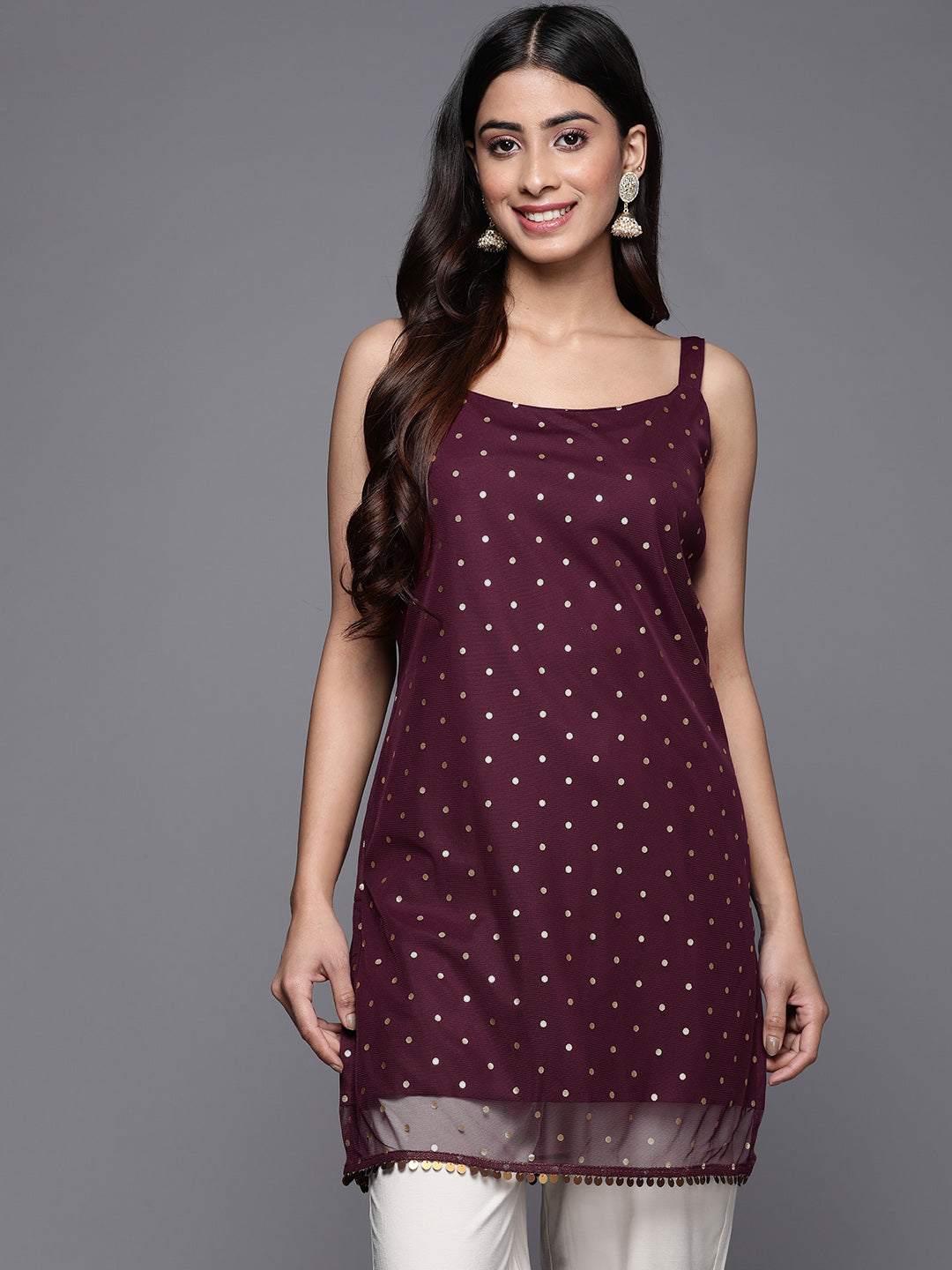 Burgundy Polka Dots Printed Net Tunic With Lace Inserts