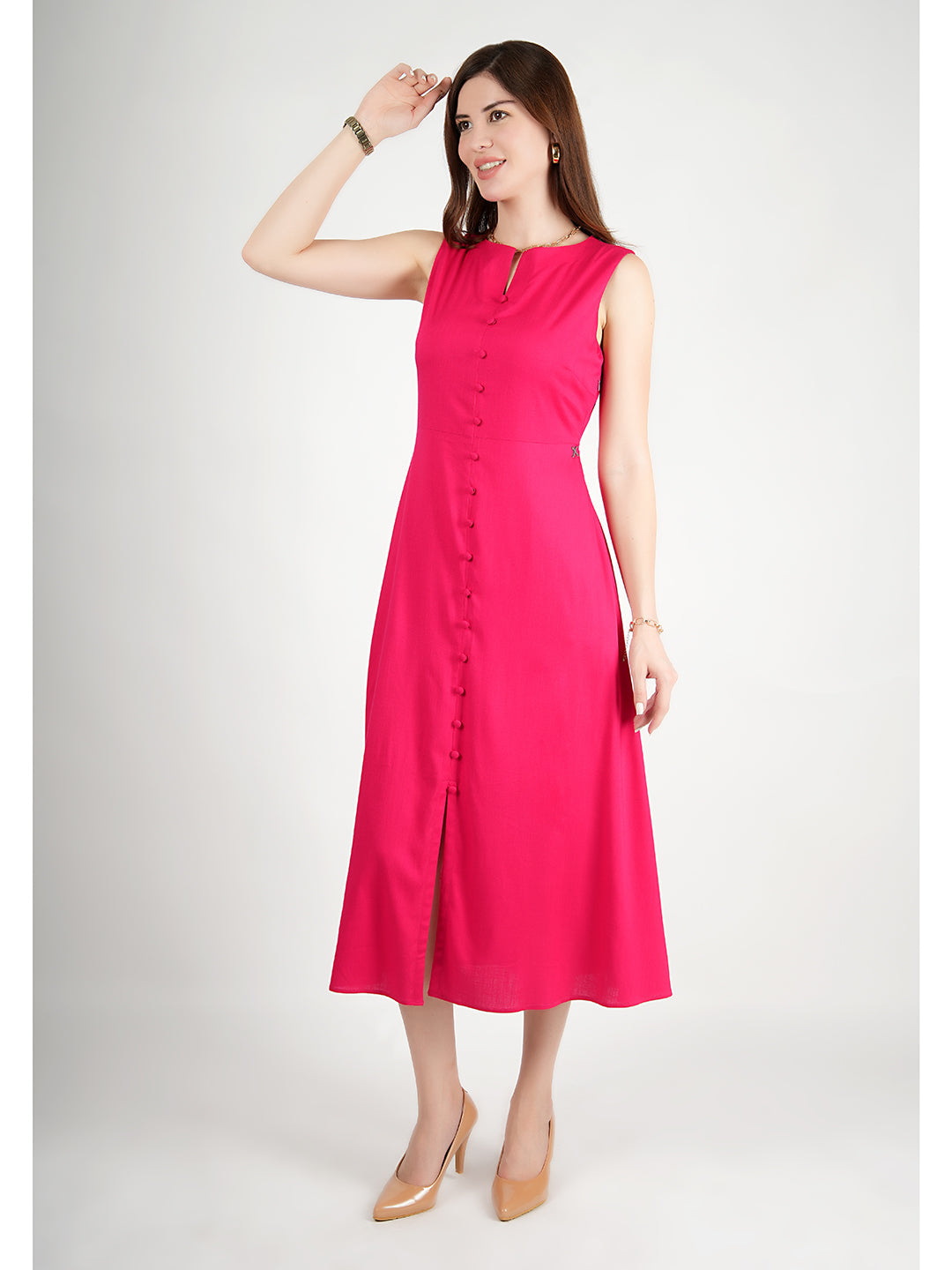 Exude Glowing Front Button Dress With Pockets