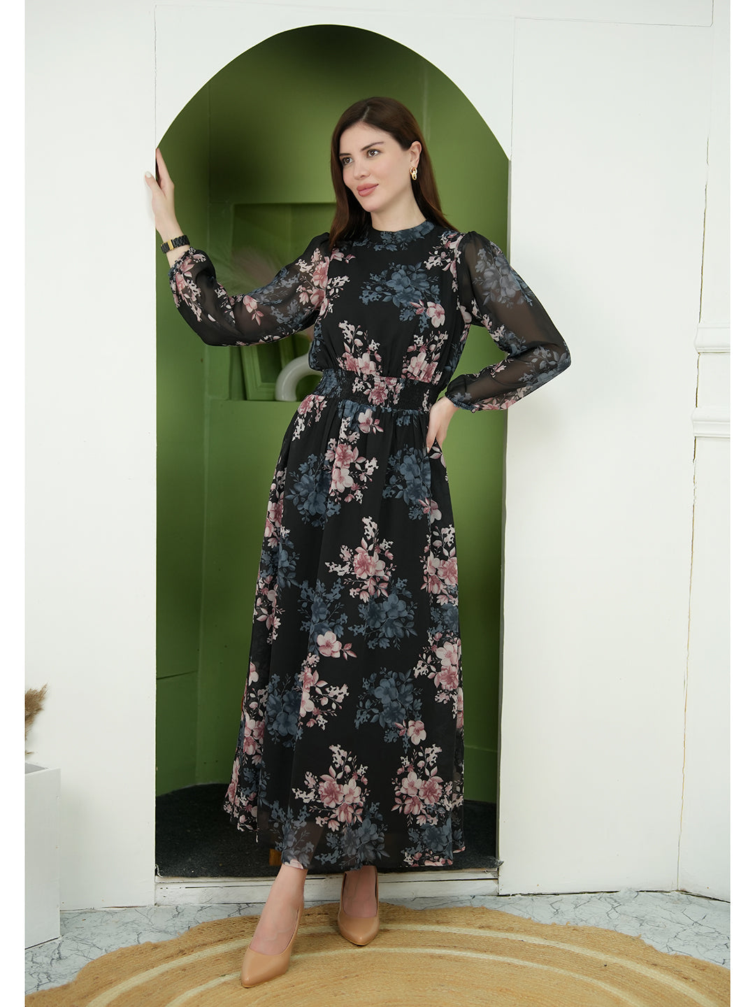 Exude Shimmer Black Floral Maxi Dress with Sleeves