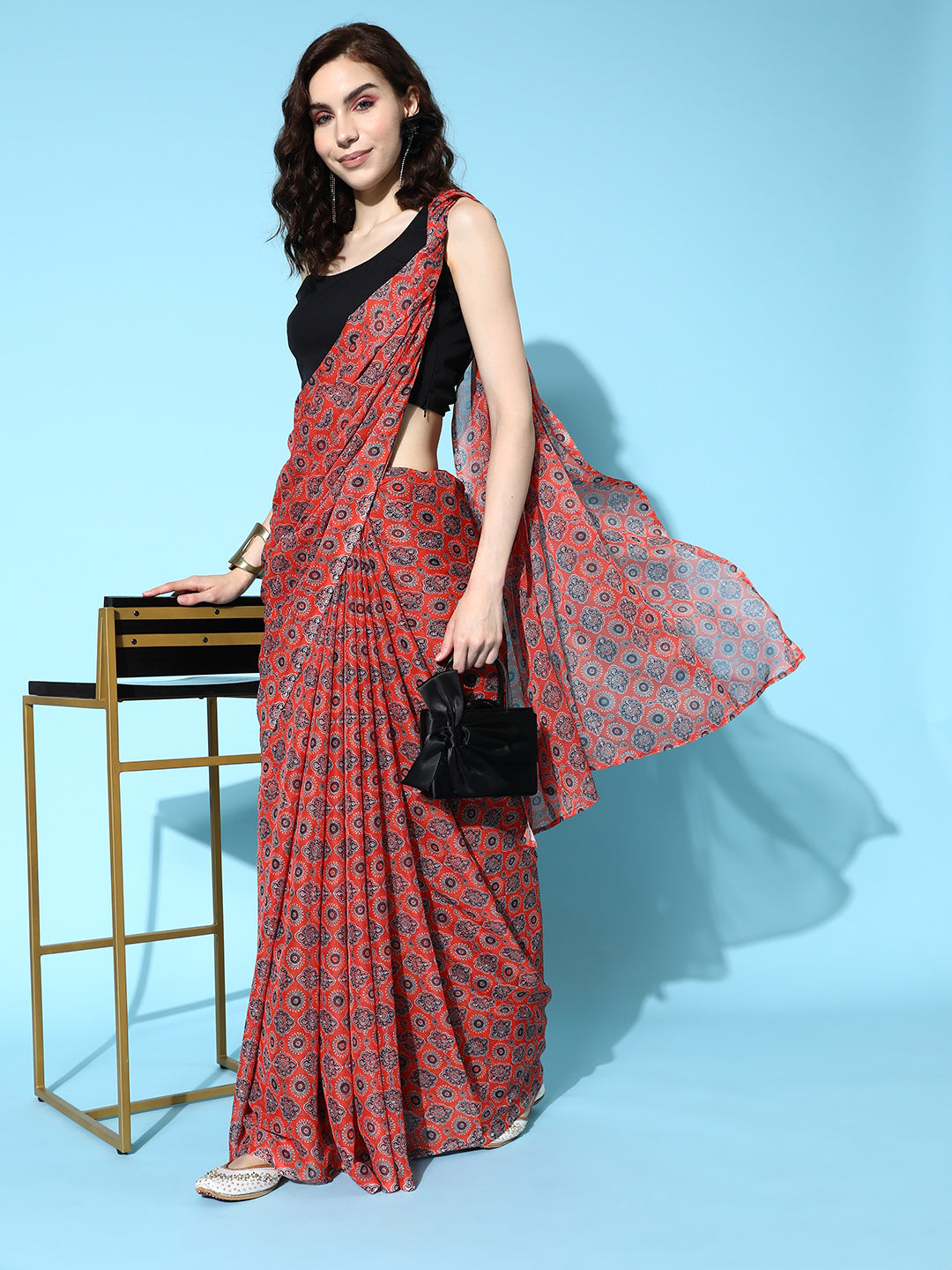 Red & Black Ajrak Block Print Poly Chiffon Saree