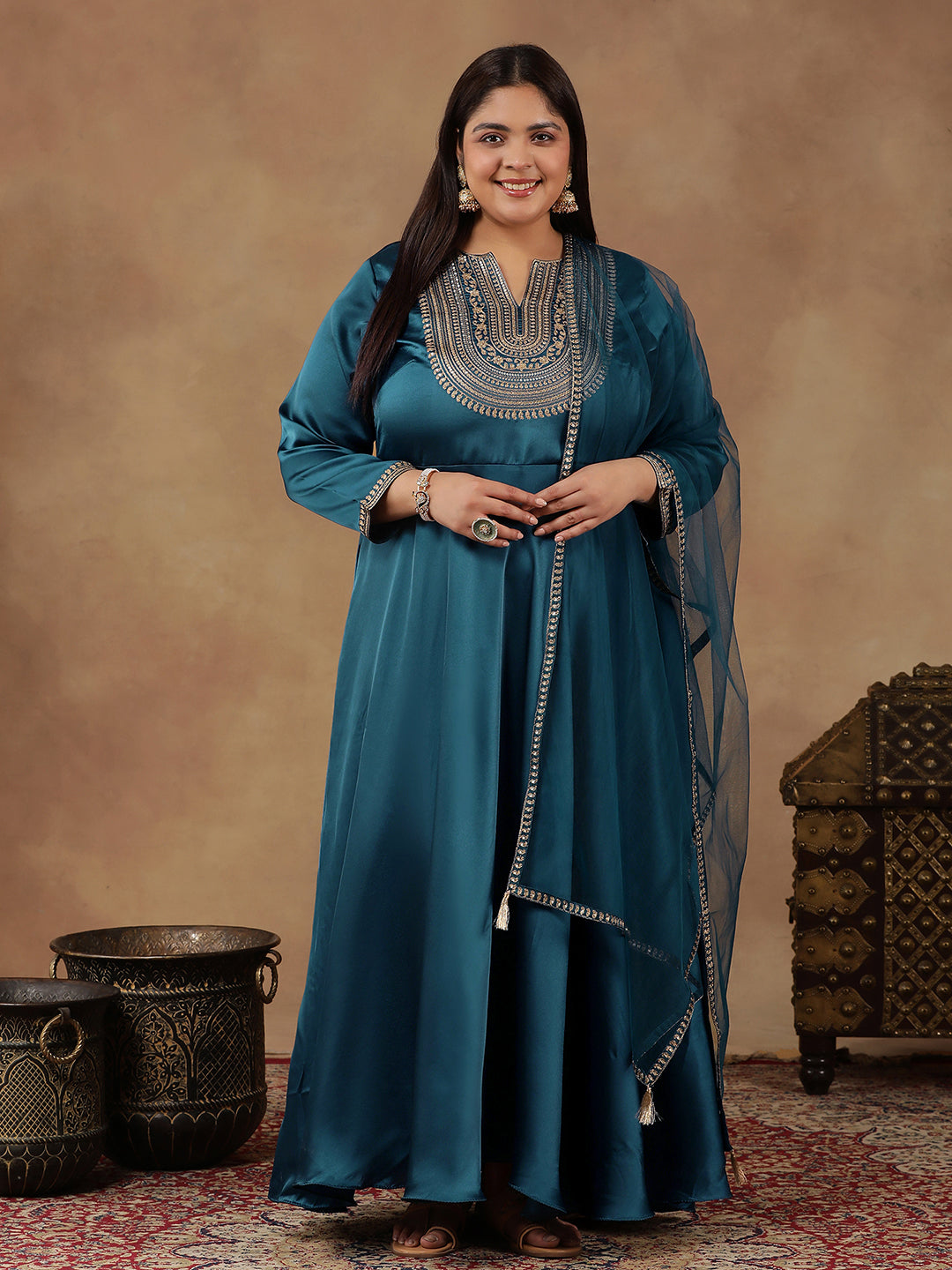Floral Yoke Design Sequinned Satin Anarkali Kurta with Dupatta - ID
