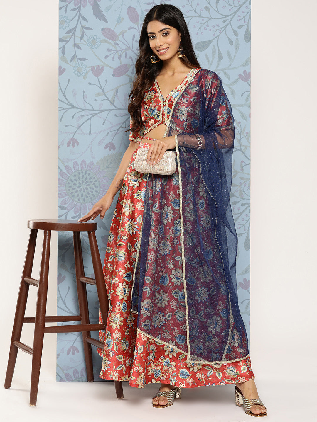 Rust & Blue Floral Printed Ready to Wear Lehenga & Blouse With Dupatta