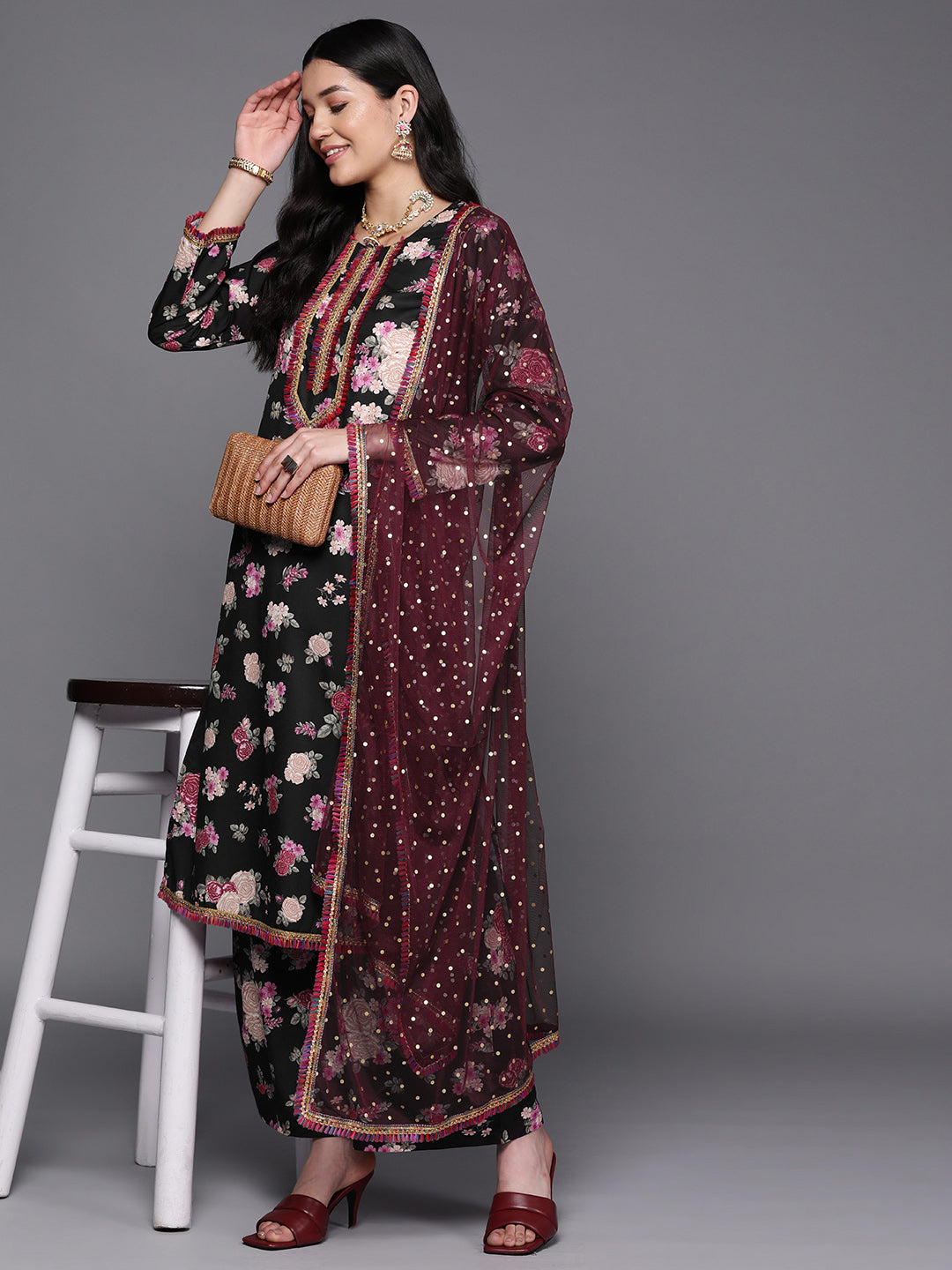 Black Floral Printed Gotta Patti Kurta with Palazzos & With Dupatta