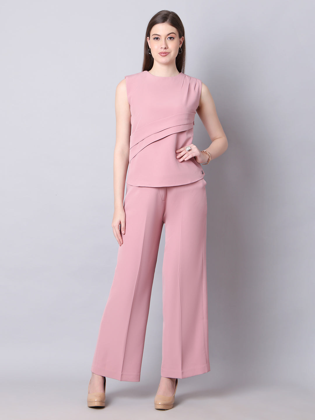 Exude Warrior Queen Side and Shoulder Pleat Top Paired with Wide Leg Trousers